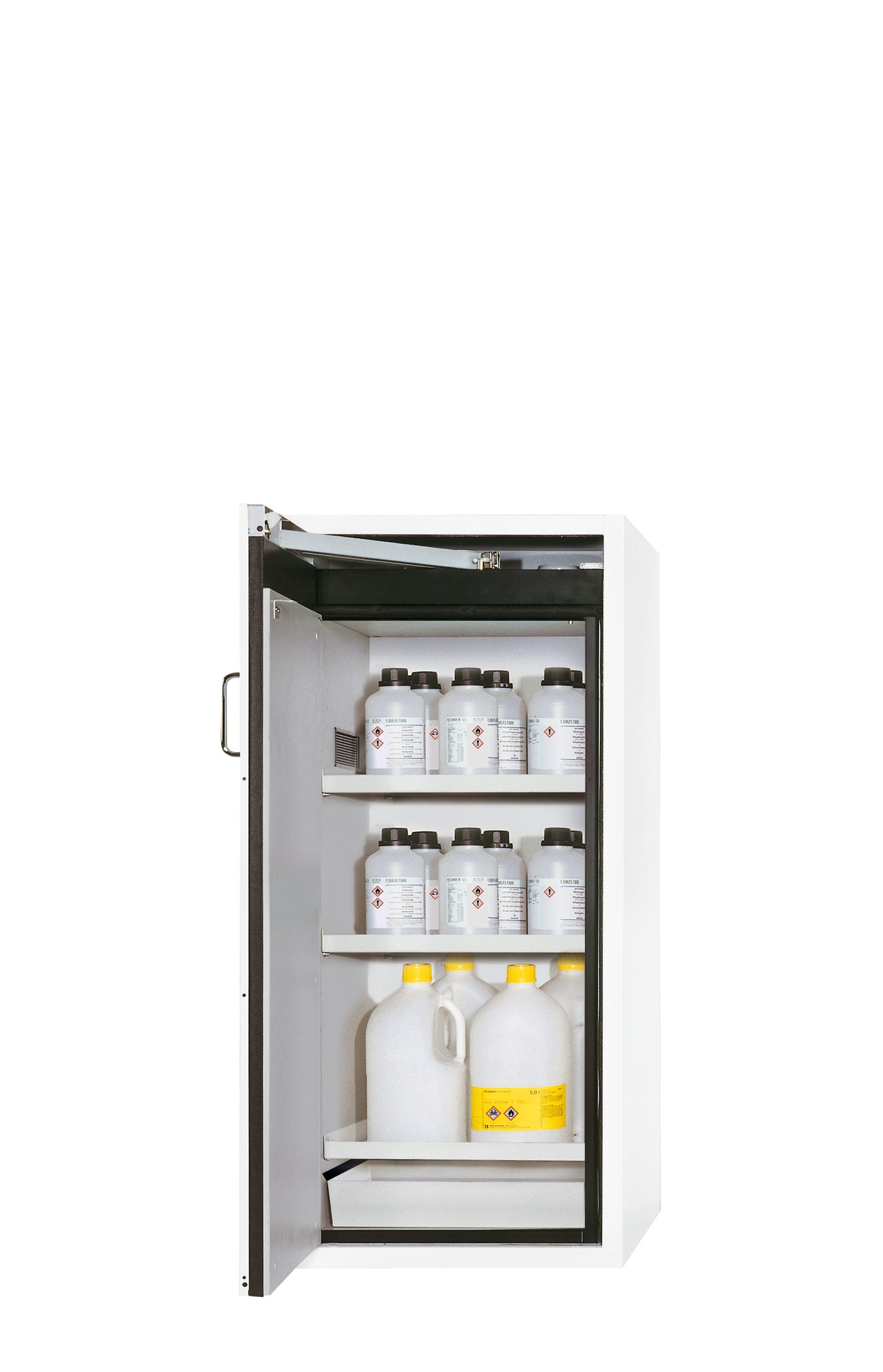 Armoire de sécurité type 90 S-CLASSIC-90 modèle S90.129.060.WDAS en blanc de laboratoire (similaire à RAL 9016) avec 3 étagères standard (tôle d'acier)