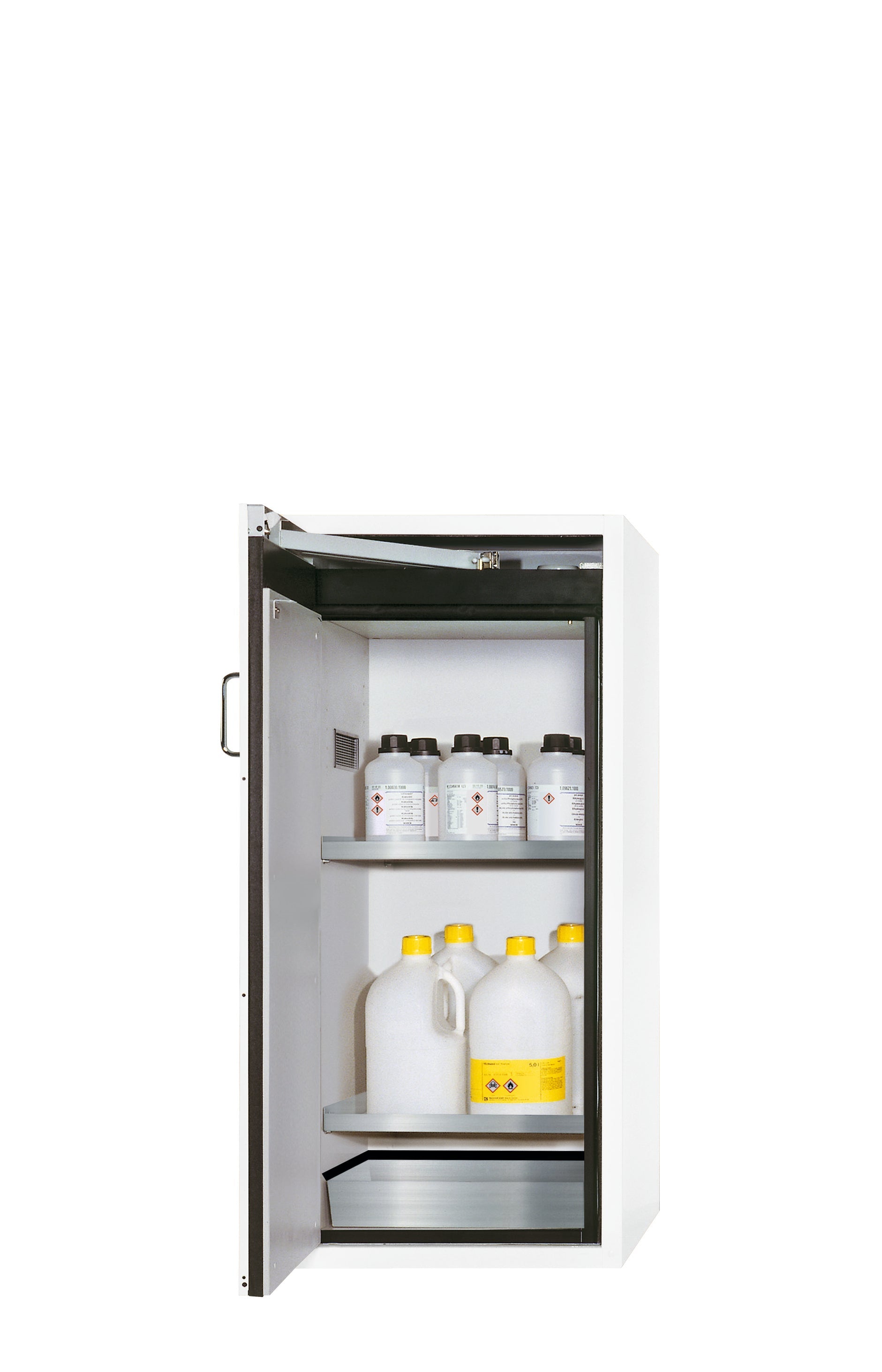 Armoire de sécurité type 90 S-CLASSIC-90 modèle S90.129.060.WDAS en blanc de laboratoire (similaire à RAL 9016) avec 2 étagères standard (acier inoxydable 1.4301)