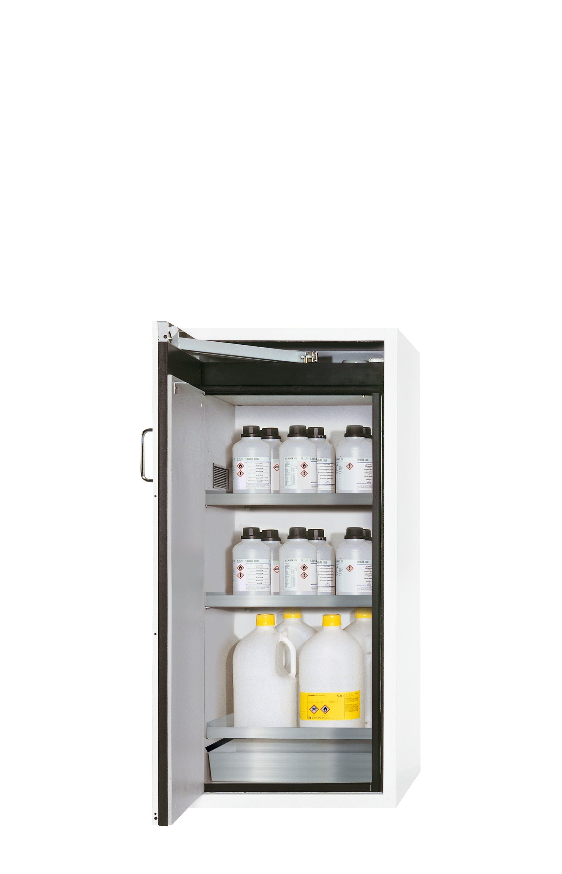 Armoire de sécurité type 90 S-CLASSIC-90 modèle S90.129.060.WDAS en blanc de laboratoire (similaire à RAL 9016) avec 3 étagères standard (acier inoxydable 1.4301)