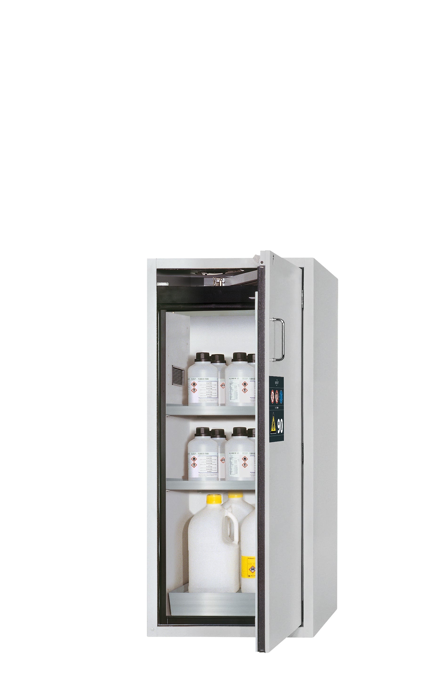 Armoire de sécurité type 90 S-CLASSIC-90 modèle S90.129.060.WDASR en gris clair RAL 7035 avec 2x étagères standard (acier inoxydable 1.4301)