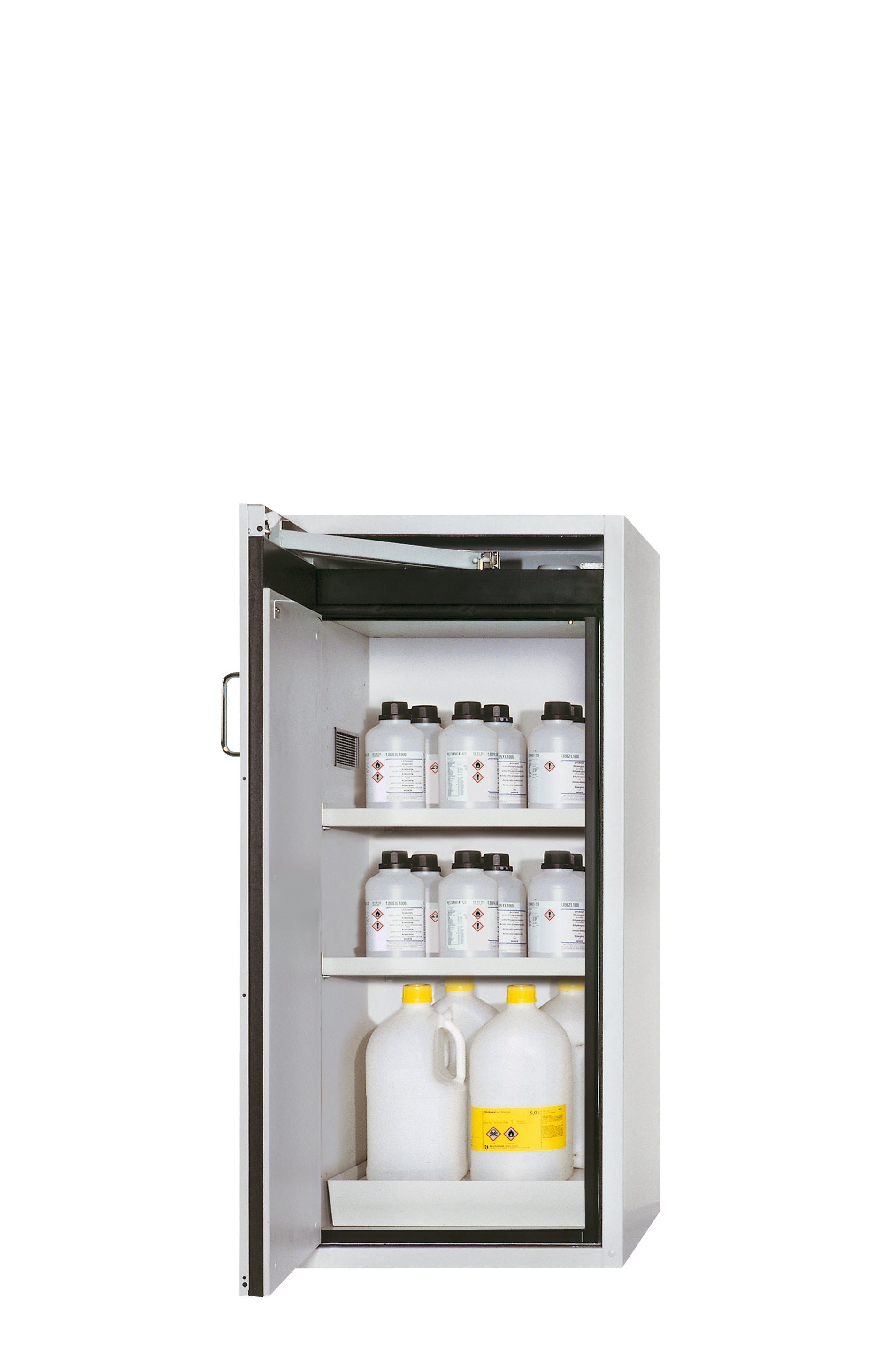 Type 90 safety cabinet S-PEGASUS-90 model S90.129.060.WDAC in light gray RAL 7035 with 2x standard shelves (sheet steel)