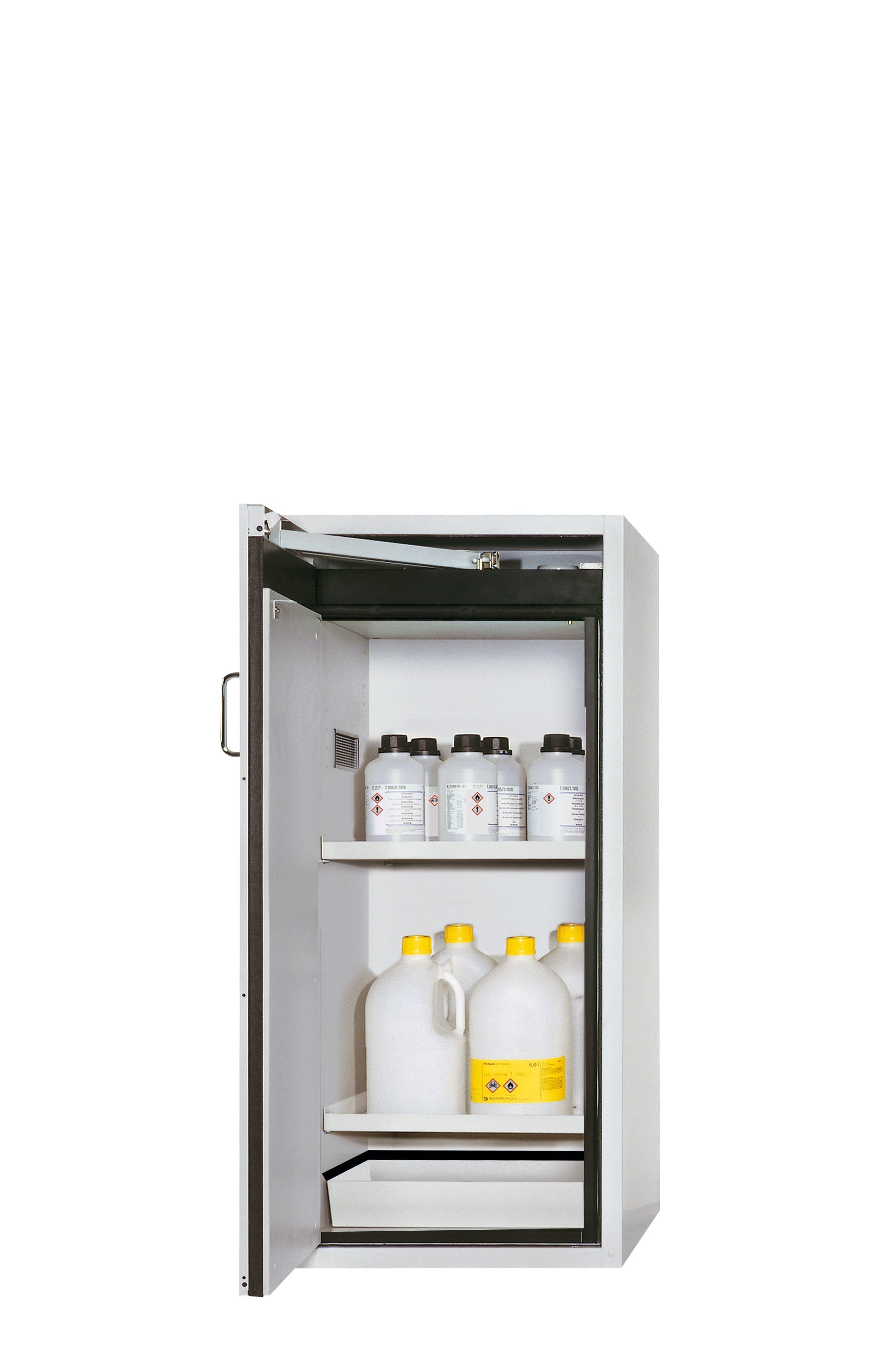 Type 90 safety cabinet S-PEGASUS-90 model S90.129.060.WDAC in light gray RAL 7035 with 2x standard shelves (sheet steel)