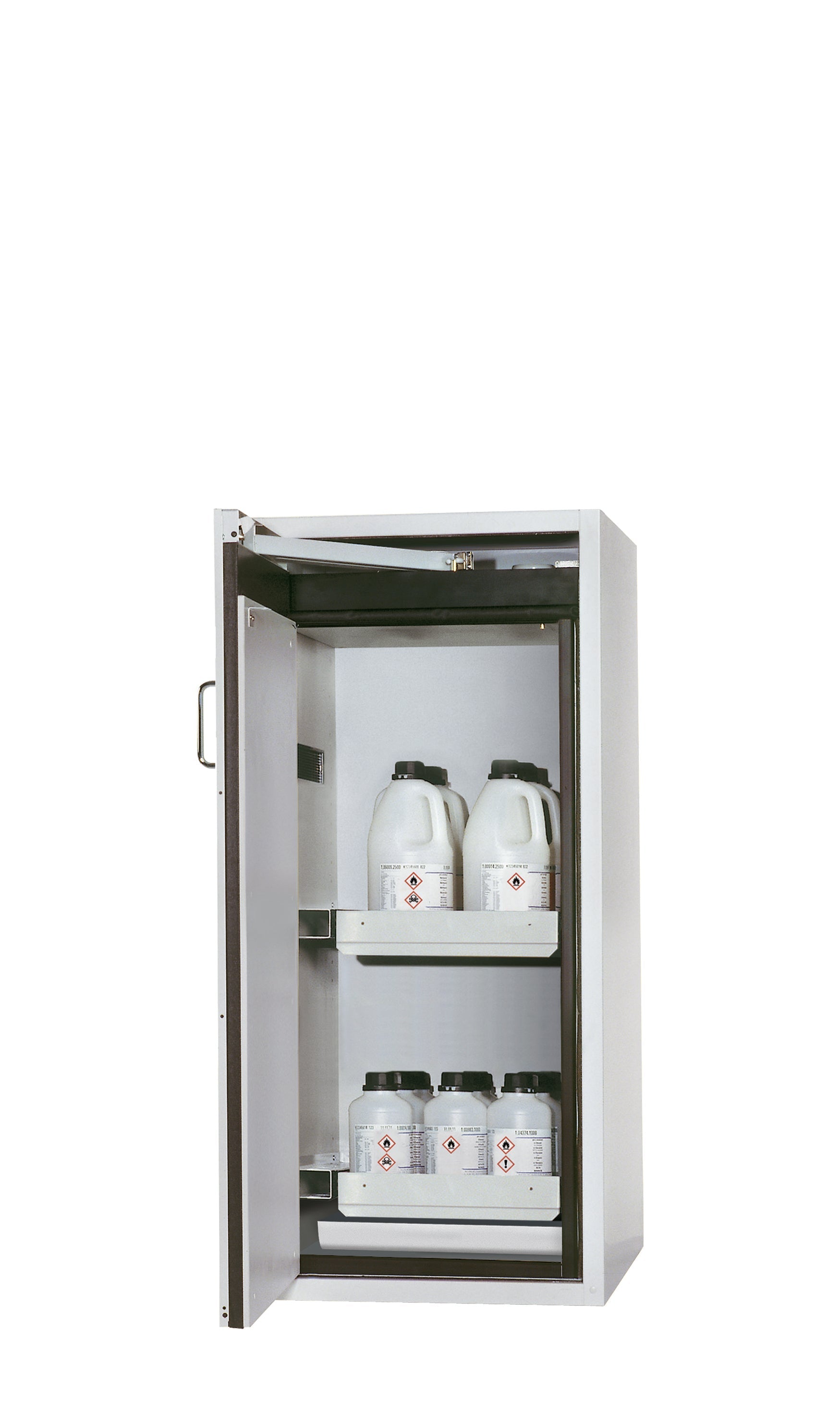 Type 90 safety cabinet S-PEGASUS-90 model S90.129.060.WDAC in light gray RAL 7035 with 2x standard pull-out tray (sheet steel)