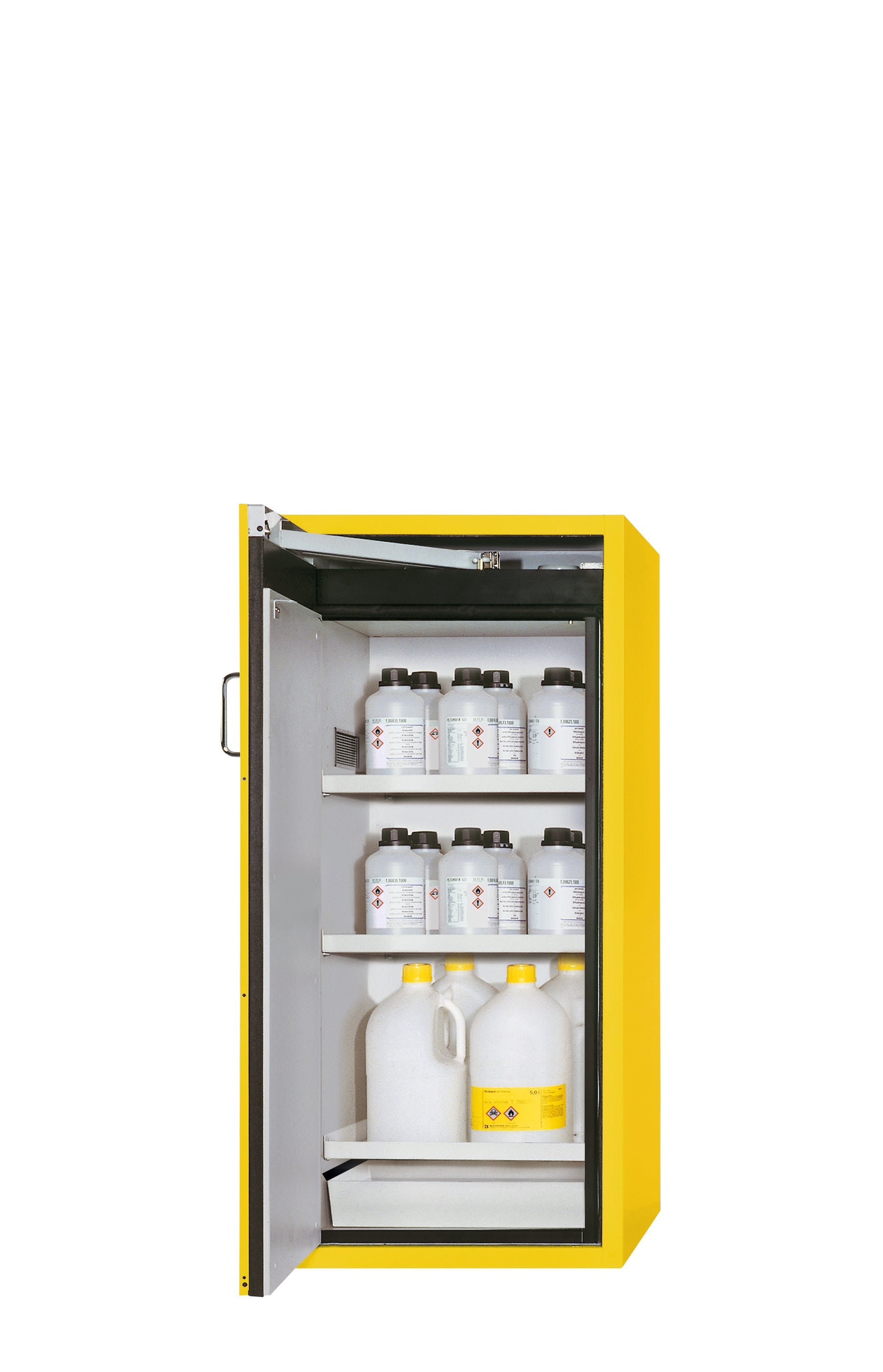 Type 90 safety cabinet S-PEGASUS-90 model S90.129.060.WDAC in safety yellow RAL 1004 with 3x standard shelves (sheet steel)