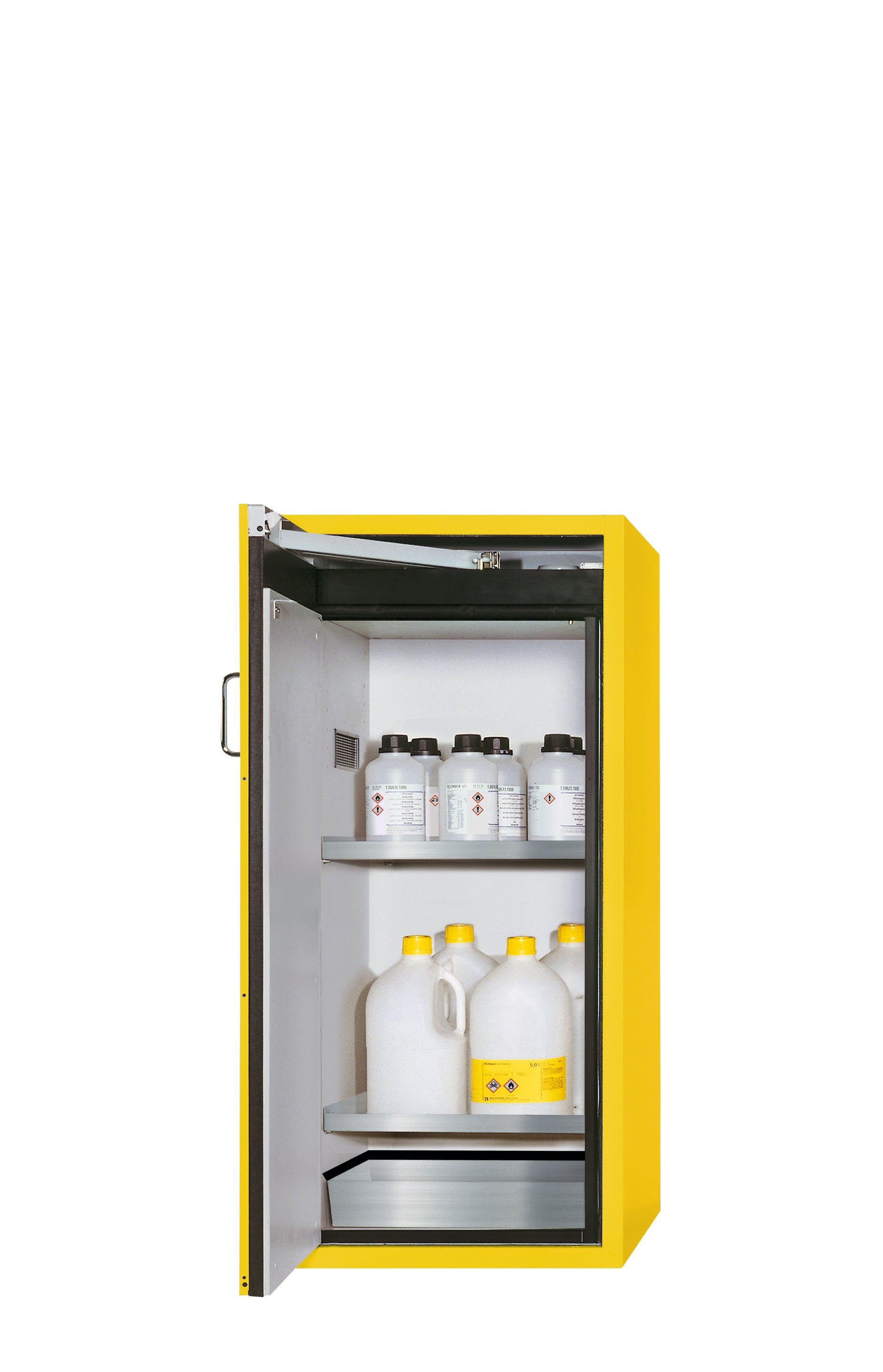 Type 90 safety cabinet S-PEGASUS-90 model S90.129.060.WDAC in safety yellow RAL 1004 with 2x standard shelves (stainless steel 1.4301)