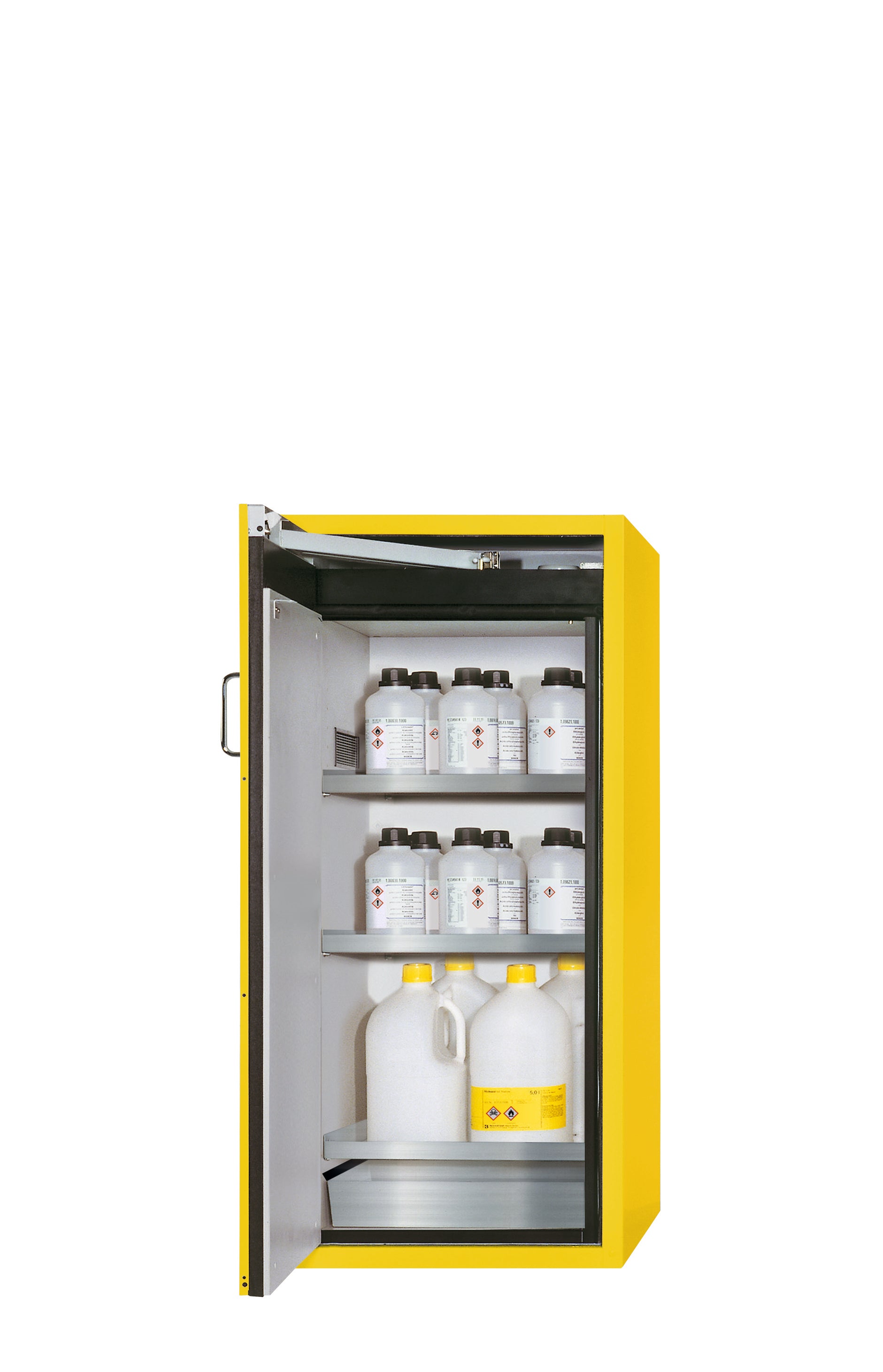 Type 90 safety cabinet S-PEGASUS-90 model S90.129.060.WDAC in safety yellow RAL 1004 with 3x standard shelves (stainless steel 1.4301)