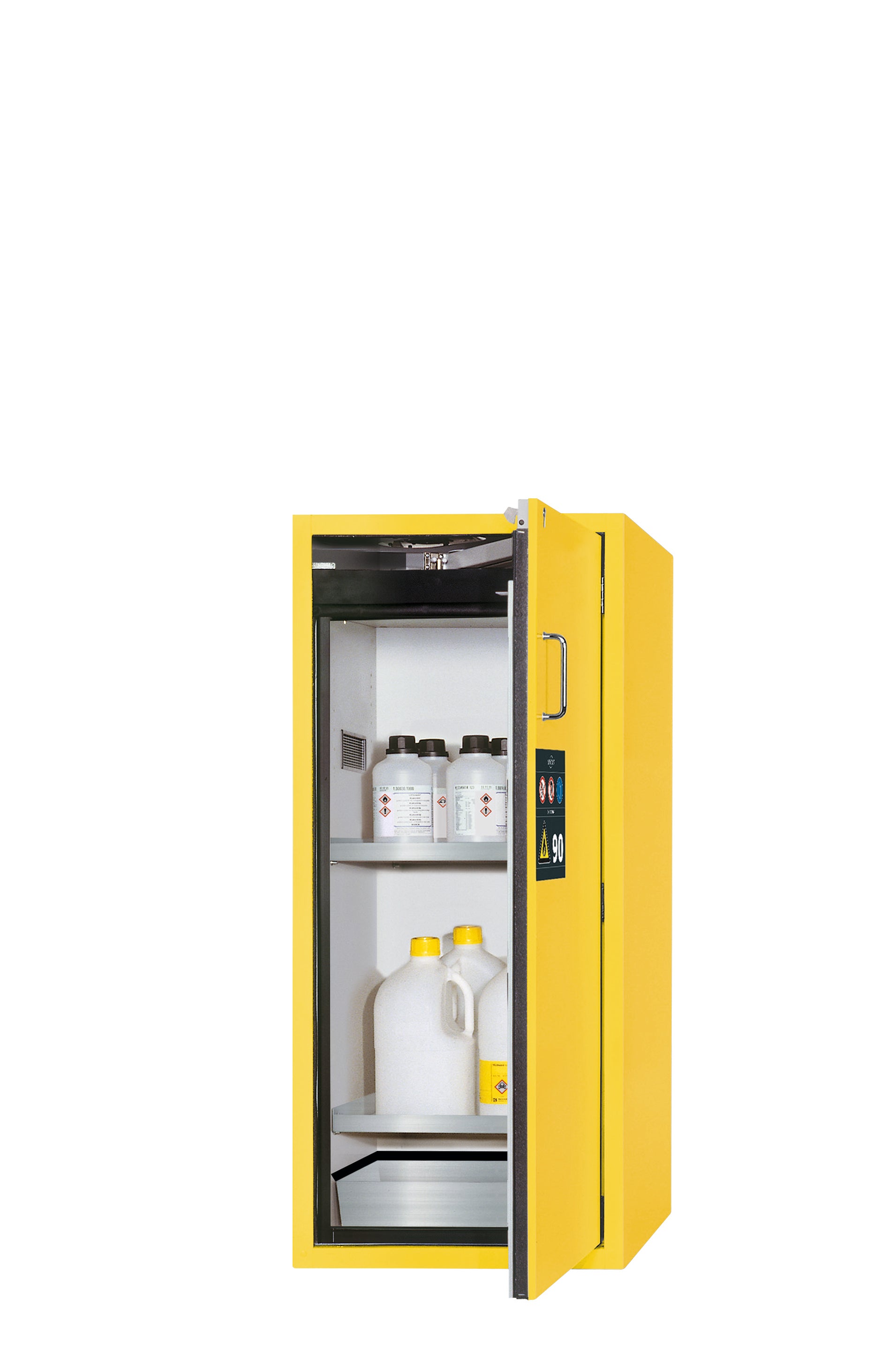 Type 90 safety cabinet S-PEGASUS-90 model S90.129.060.WDACR in safety yellow RAL 1004 with 2x standard shelves (stainless steel 1.4301)