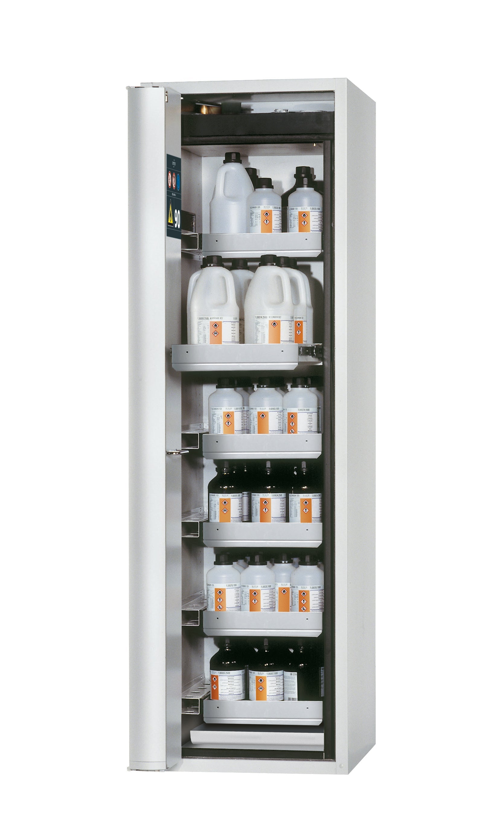 Armoire de sécurité type 90 S-PHOENIX-90 modèle S90.196.060.075.FDAS en gris clair RAL 7035 avec 6 plateaux coulissants standard (acier inoxydable 1.4301)