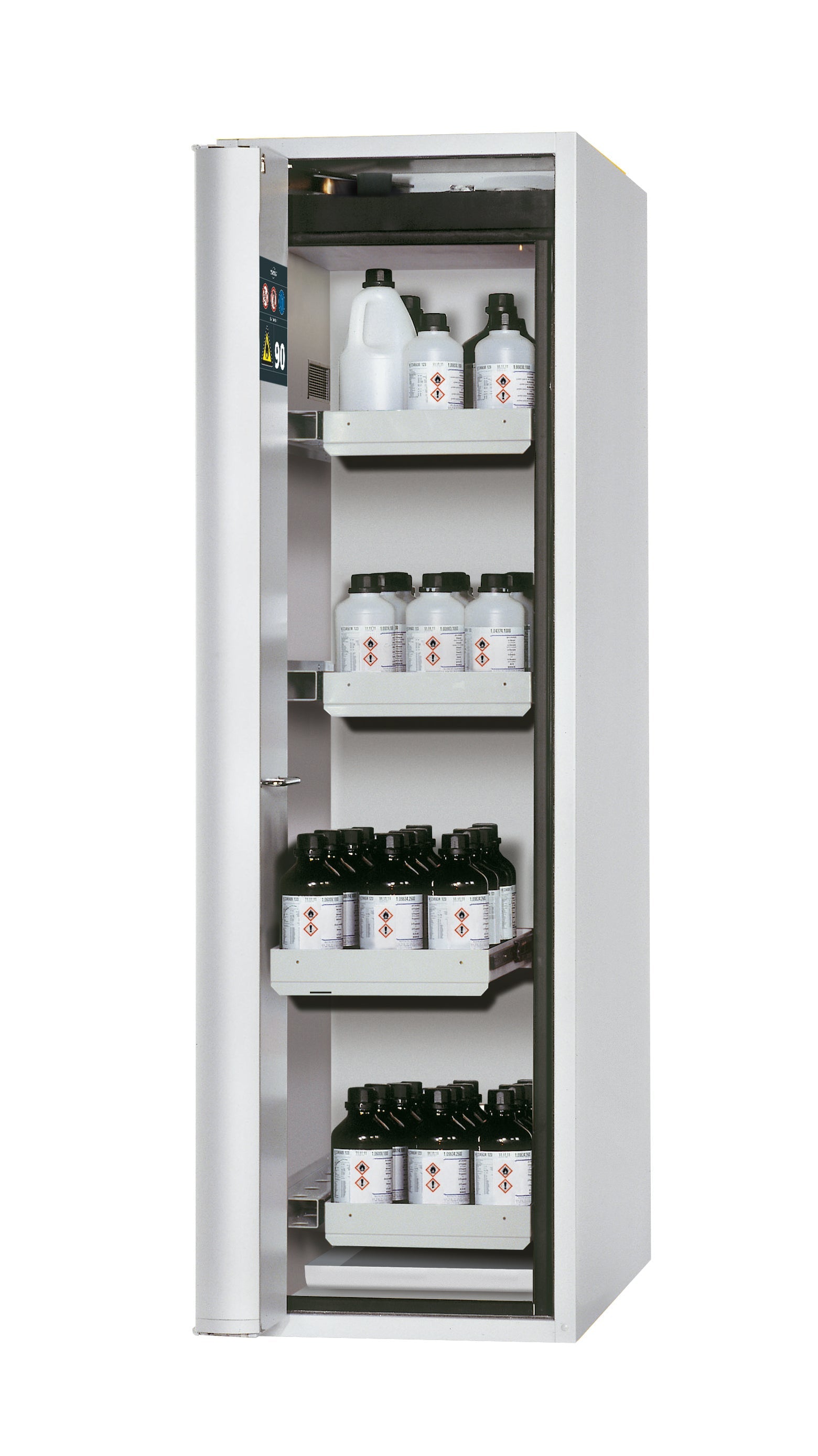 Type 90 safety cabinet S-PHOENIX Vol.2-90 model S90.196.060.075.FDAC in light gray RAL 7035 with 4x standard pull-out tray (sheet steel)