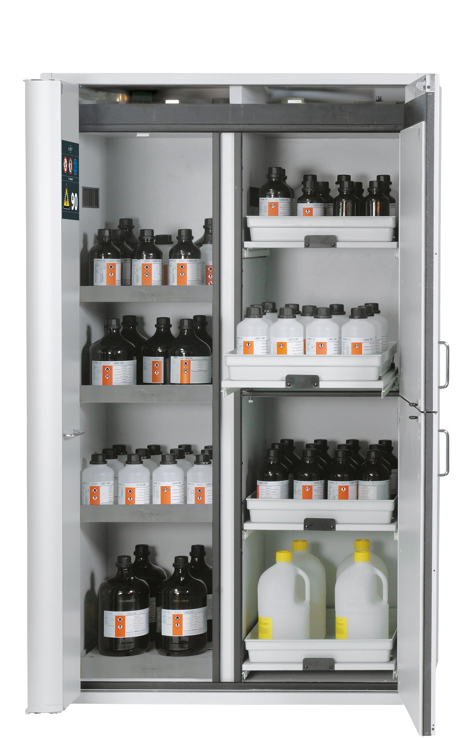 Type 90 combination safety cabinet K-PHOENIX-90 model K90.196.120.MF.FWAS in light gray RAL 7035 with 3x standard shelves (stainless steel 1.4301)