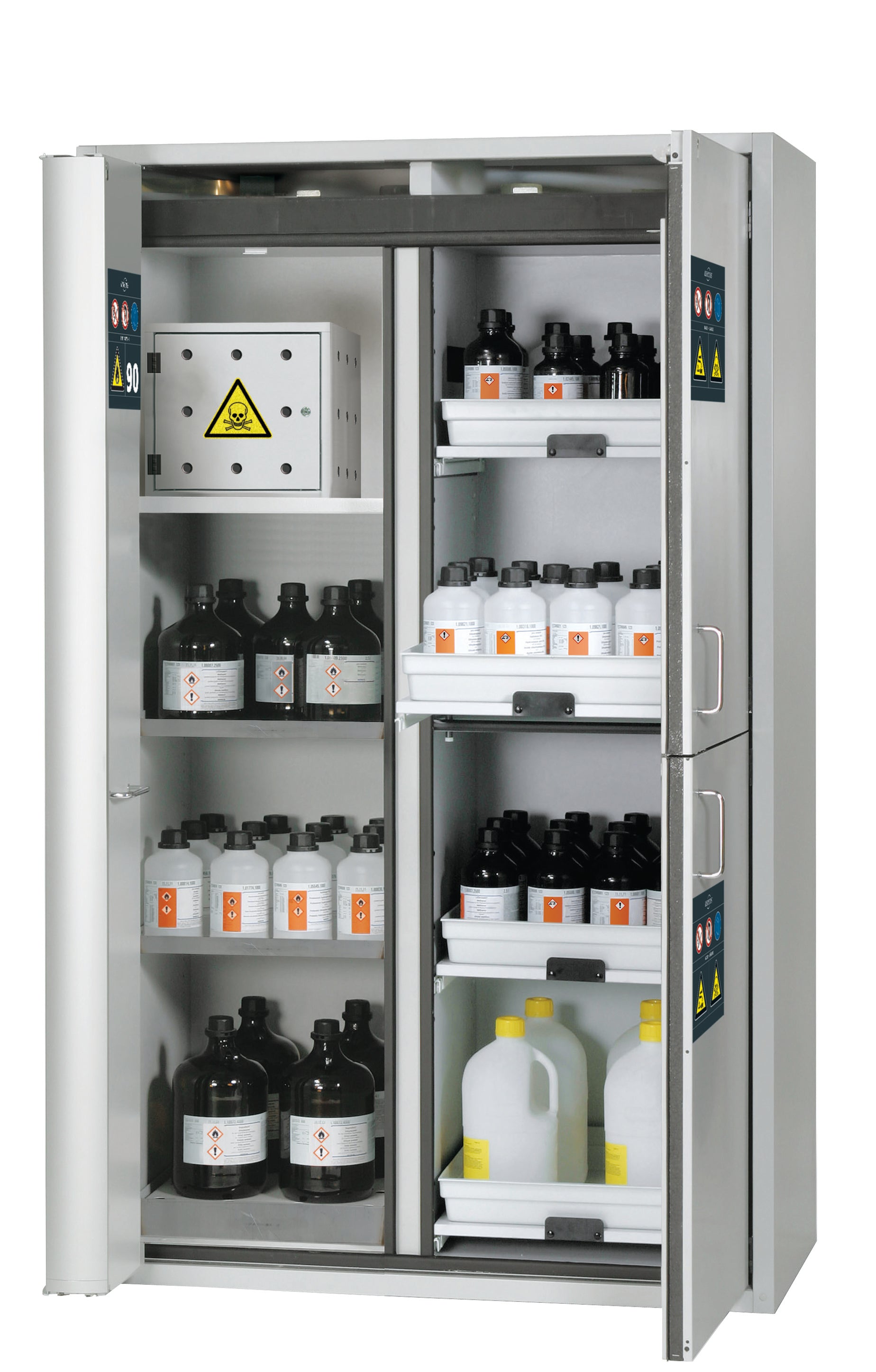 Type 90 combination safety cabinet K-PHOENIX Vol.2-90 model K90.196.120.MC.FWAC in light gray RAL 7035 with 2x standard shelves (stainless steel 1.4301)