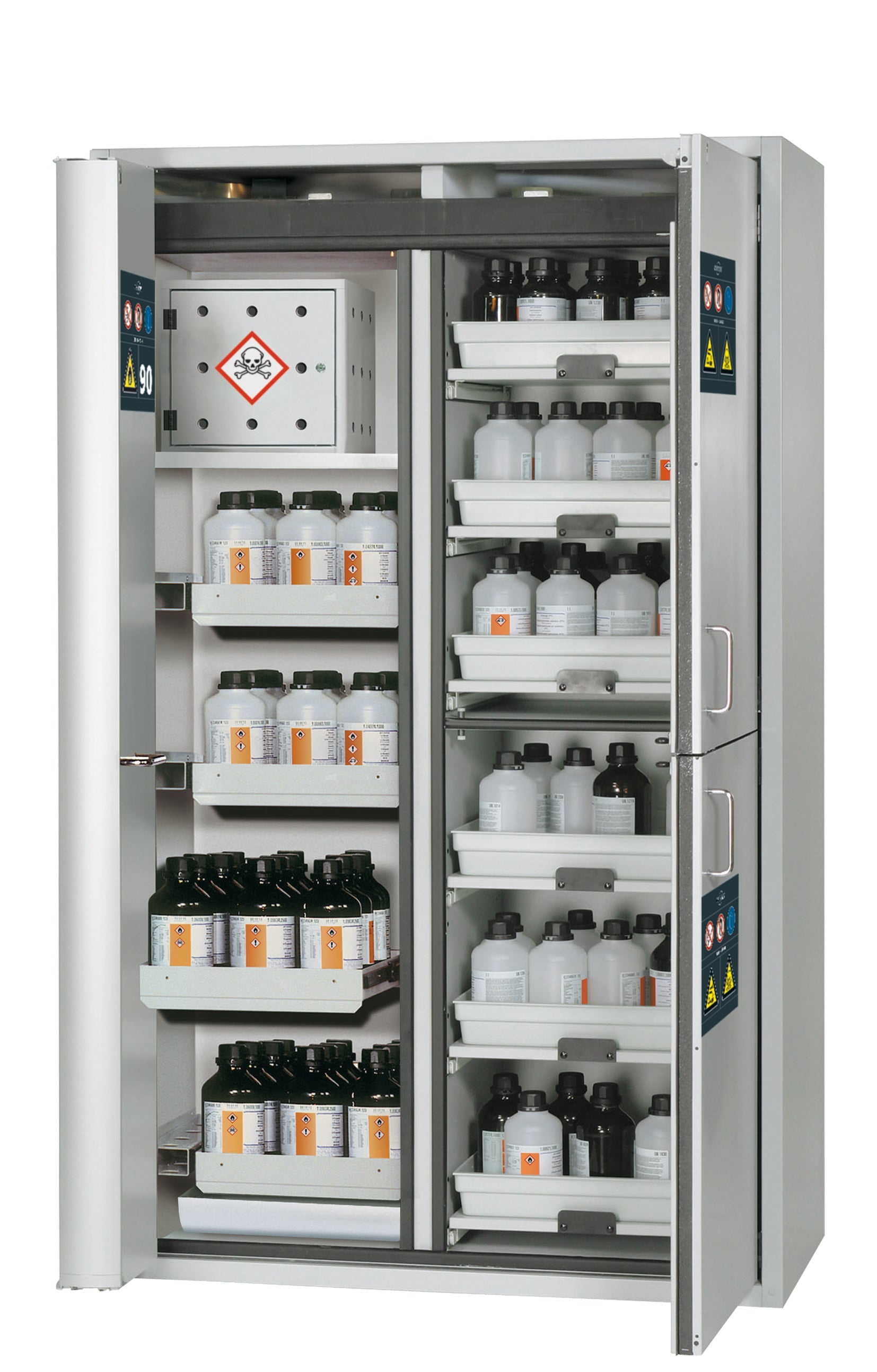 Type 90 combination safety cabinet K-PHOENIX Vol.2-90 model K90.196.120.MC.FWAC in light gray RAL 7035 with 4x standard pull-out tray (sheet steel)