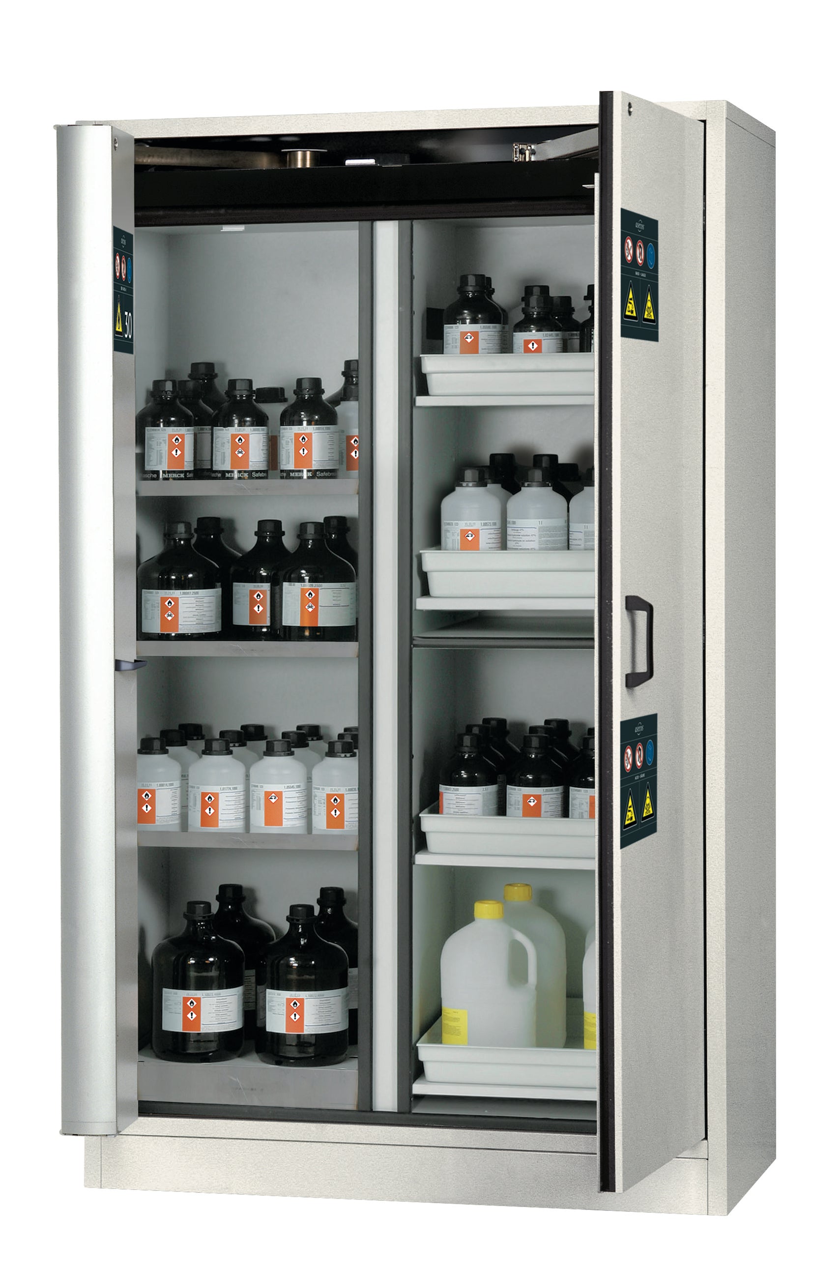 Type 30 combination safety cabinet K-PHOENIX-30 model K30.197.120.MV.FWAS in light gray RAL 7035 with 3x standard shelves (stainless steel 1.4301)