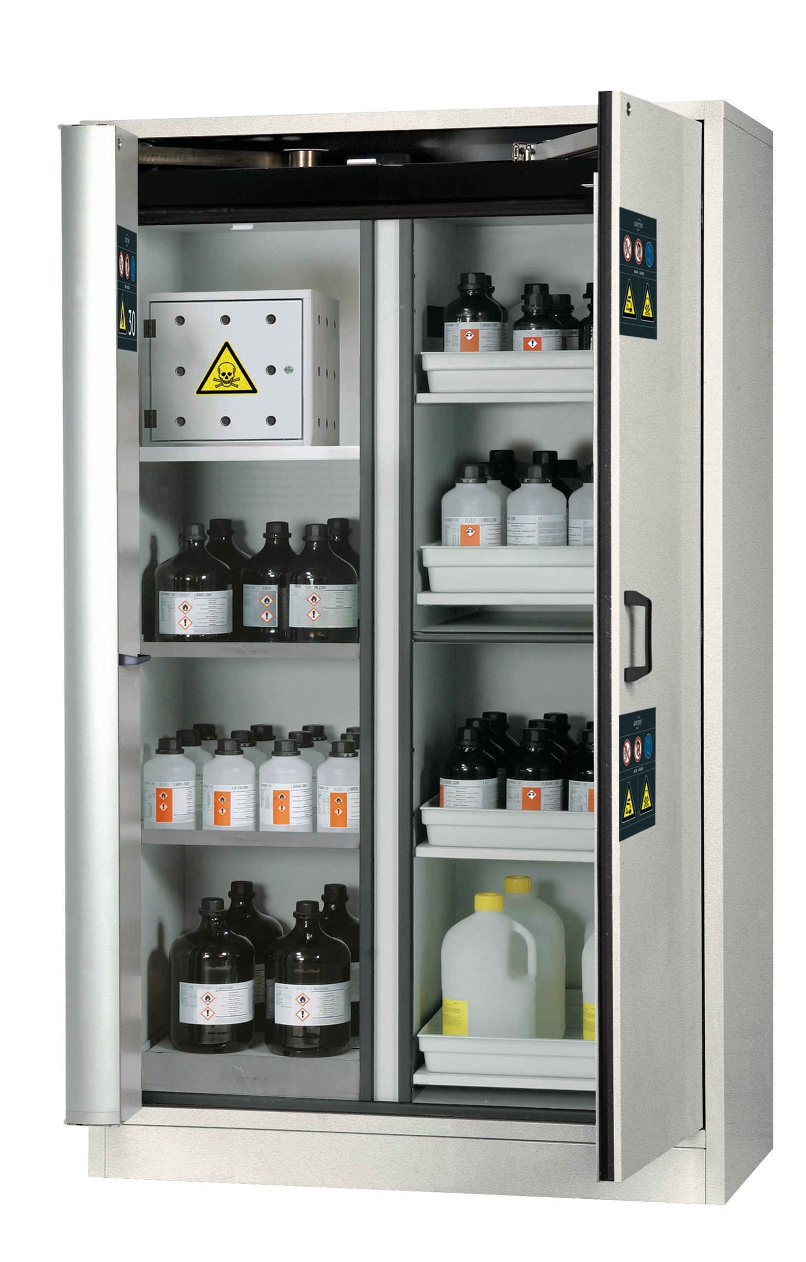 Type 30 combination safety cabinet K-PHOENIX-30 model K30.197.120.MC.FWAS in light gray RAL 7035 with 2x standard shelves (stainless steel 1.4301)