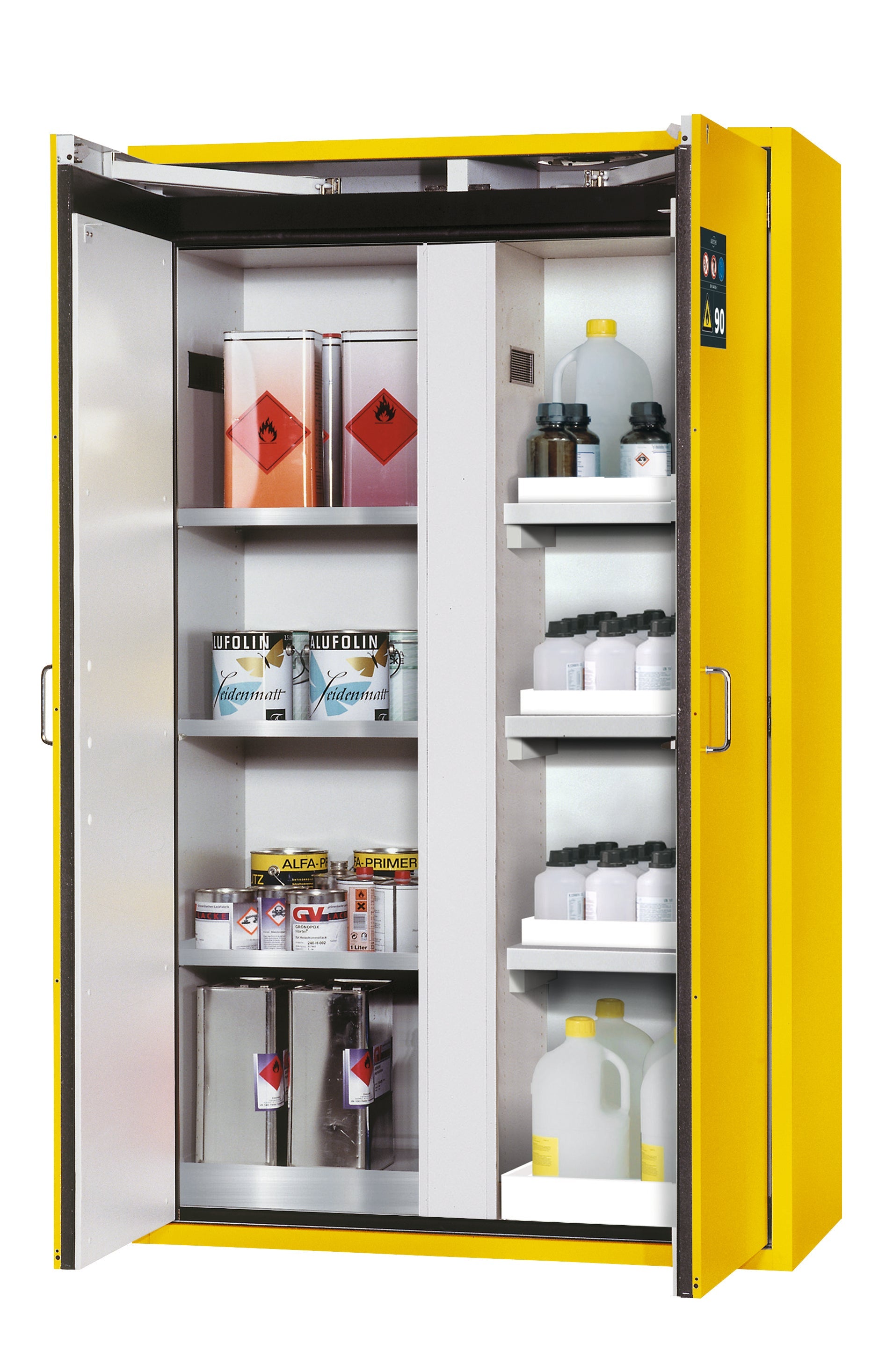 Type 90 safety cabinet S-CLASSIC-90 model S90.196.120.MV.WDAS in safety yellow RAL 1004 with 3x standard shelves (stainless steel 1.4301)