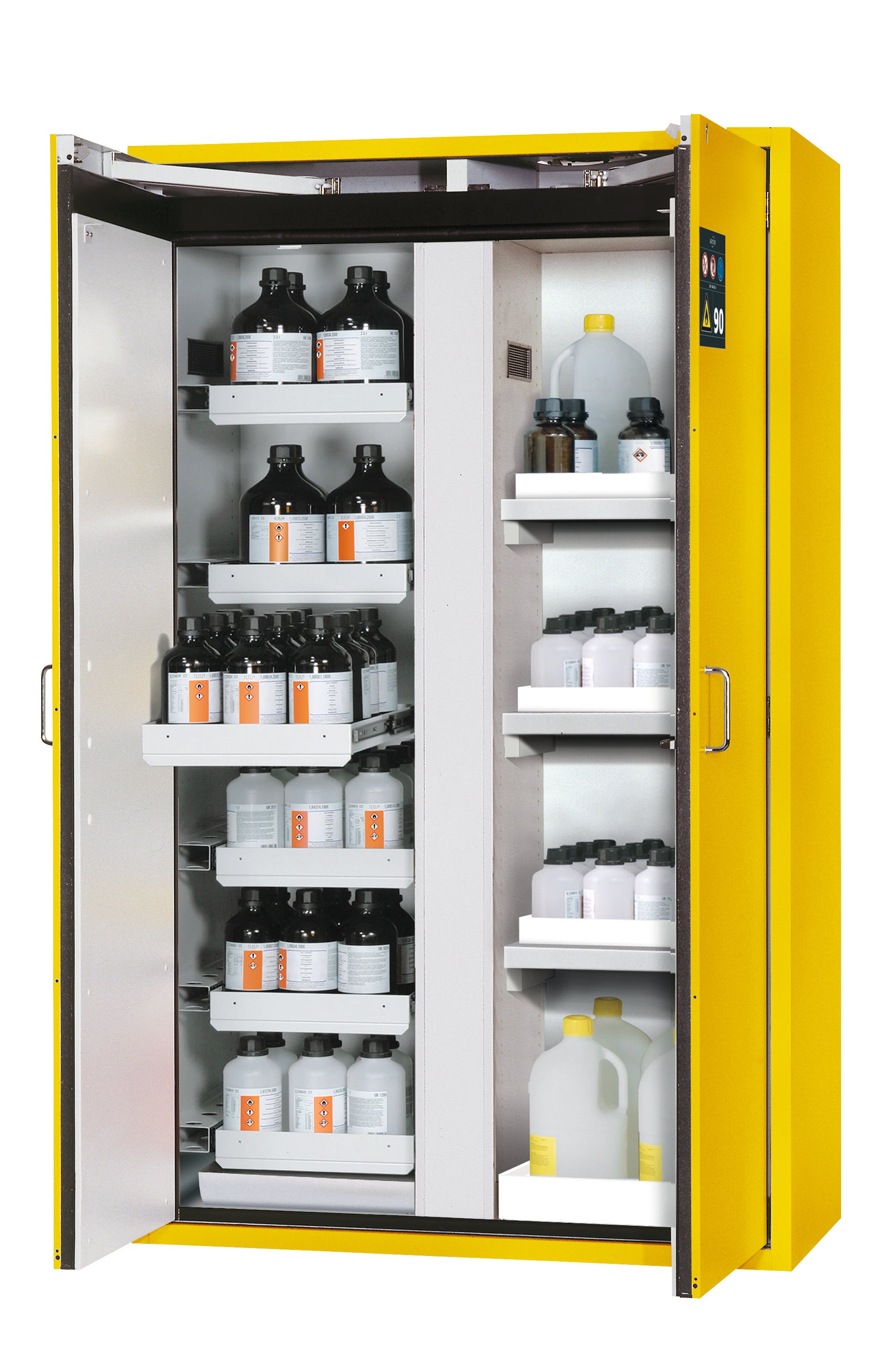 Type 90 safety cabinet S-CLASSIC-90 model S90.196.120.MV.WDAS in safety yellow RAL 1004 with 6x standard pull-out tray (sheet steel)