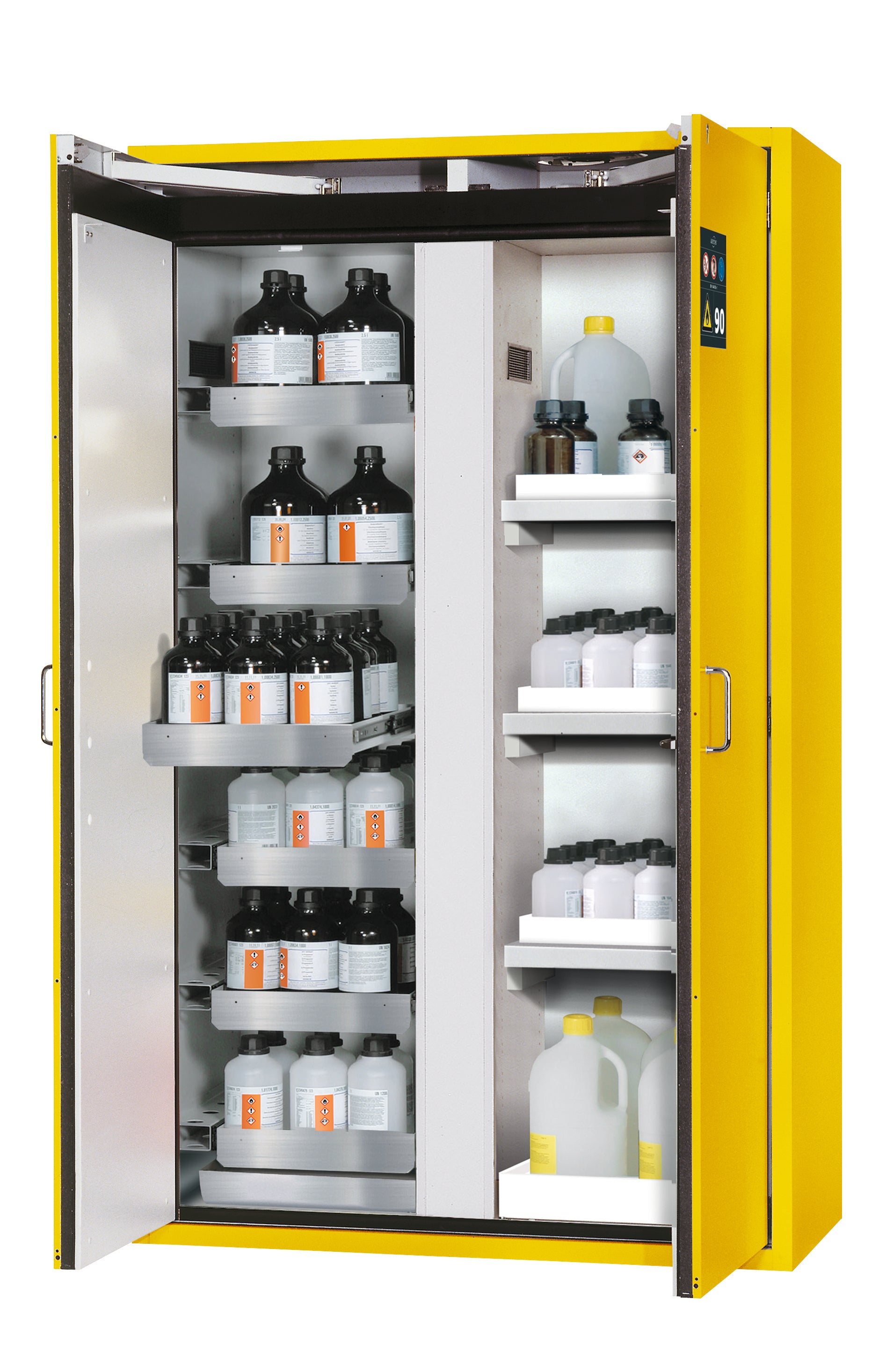 Type 90 safety cabinet S-CLASSIC-90 model S90.196.120.MV.WDAS in safety yellow RAL 1004 with 6x standard pull-out tray (stainless steel 1.4301)