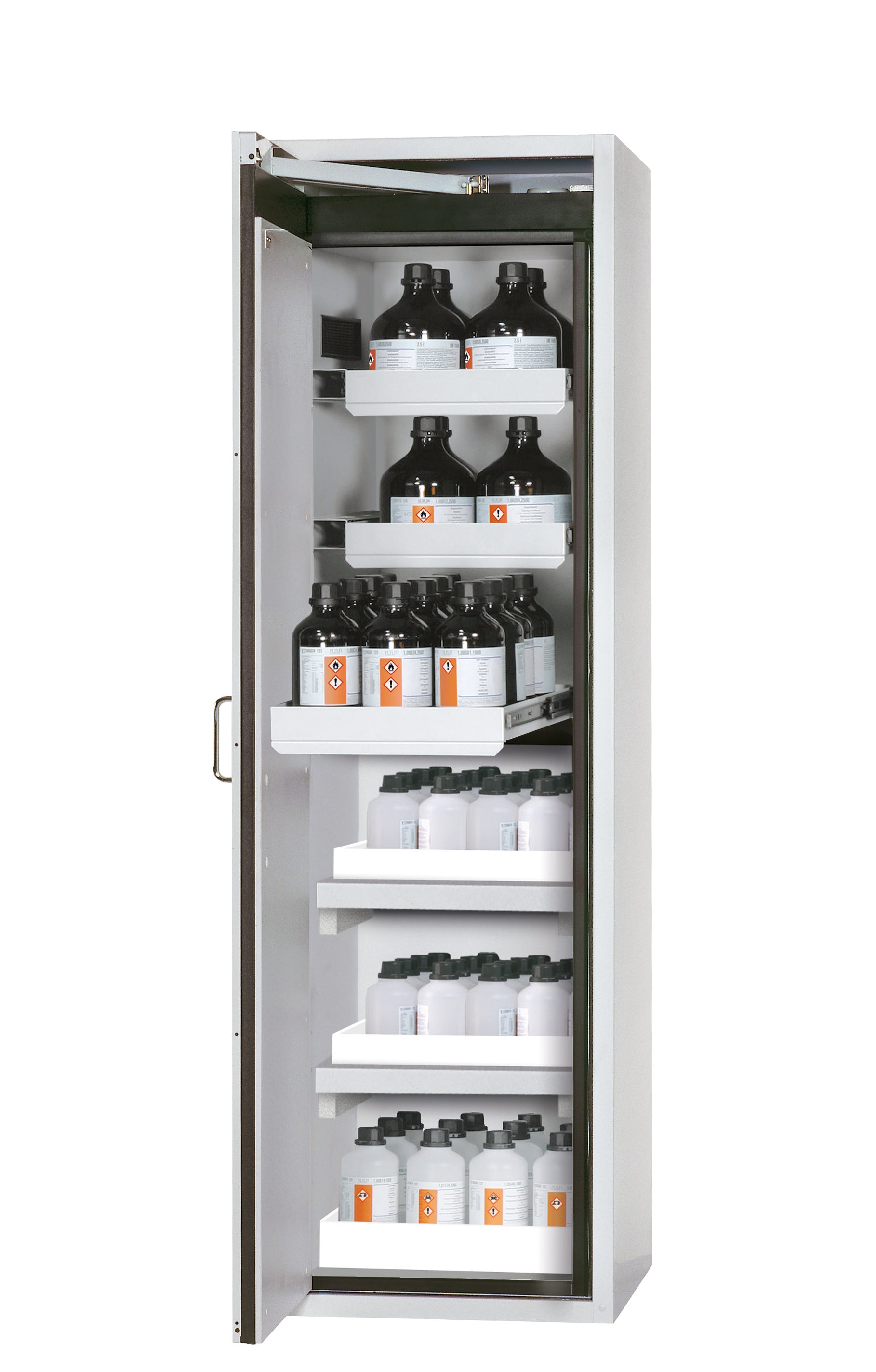 Armoire de sécurité type 90 S-CLASSIC-90 modèle S90.196.060.MH.WDAS en gris clair RAL 7035 avec 3 plateaux coulissants standard (tôle d'acier)