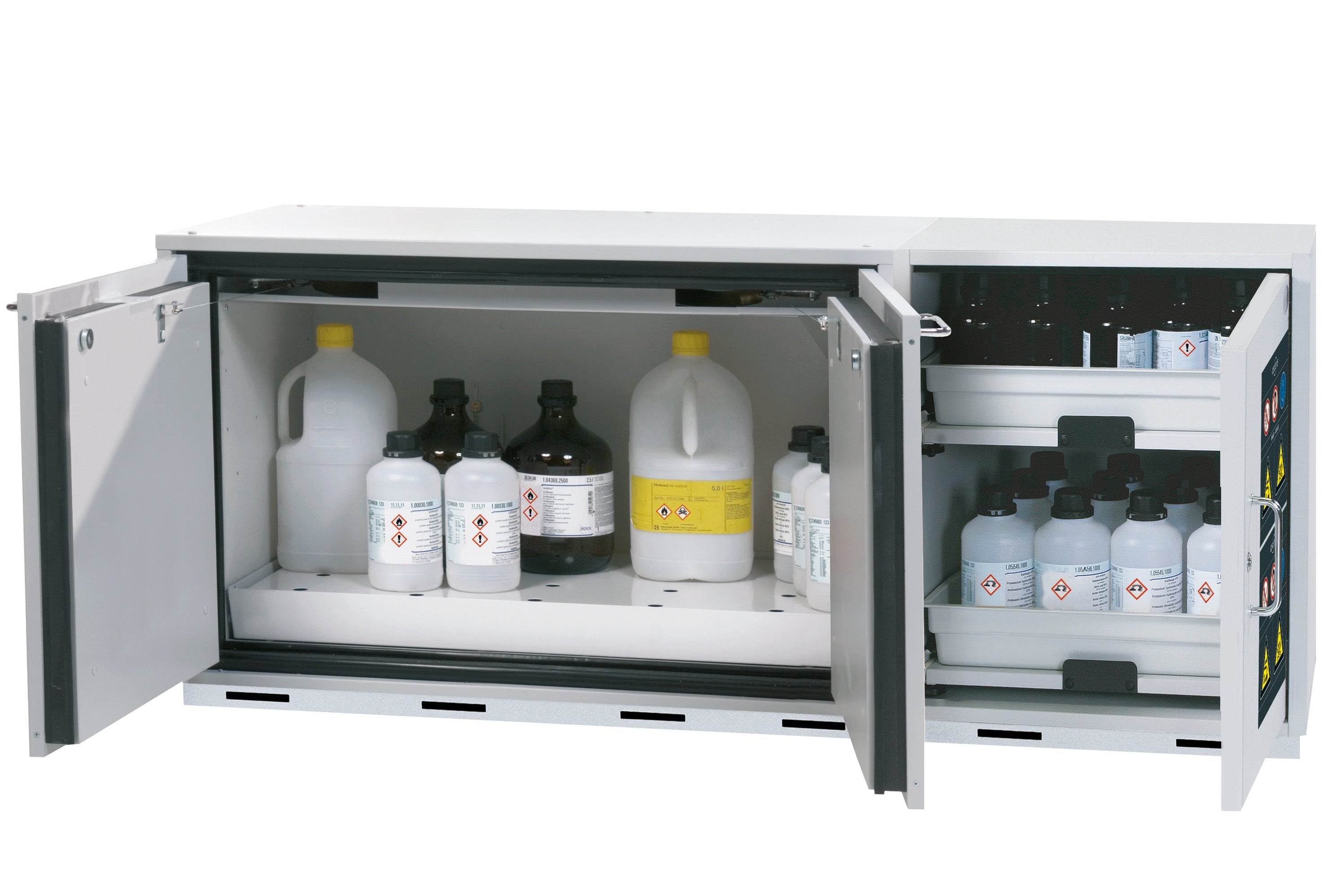 Type 90 combination safety cabinet K-UB-90 model K90.060.140.050.UB.3T in light gray RAL 7035 with 1x perforated sheet insert standard (sheet steel)