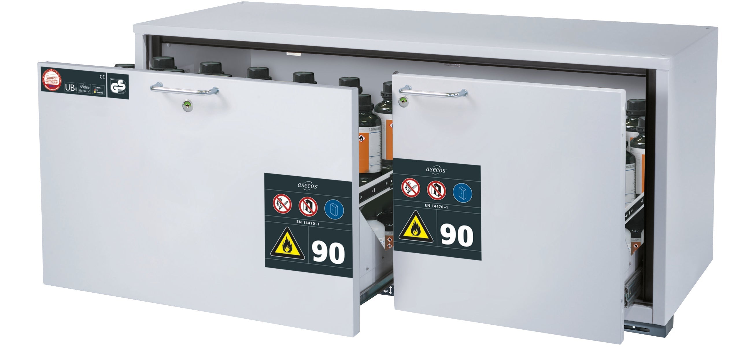 Type 90 safety base cabinet UB-S-90 model UB90.060.140.2S in light gray RAL 7035 with 2x drawer tray STAWA-R (sheet steel)