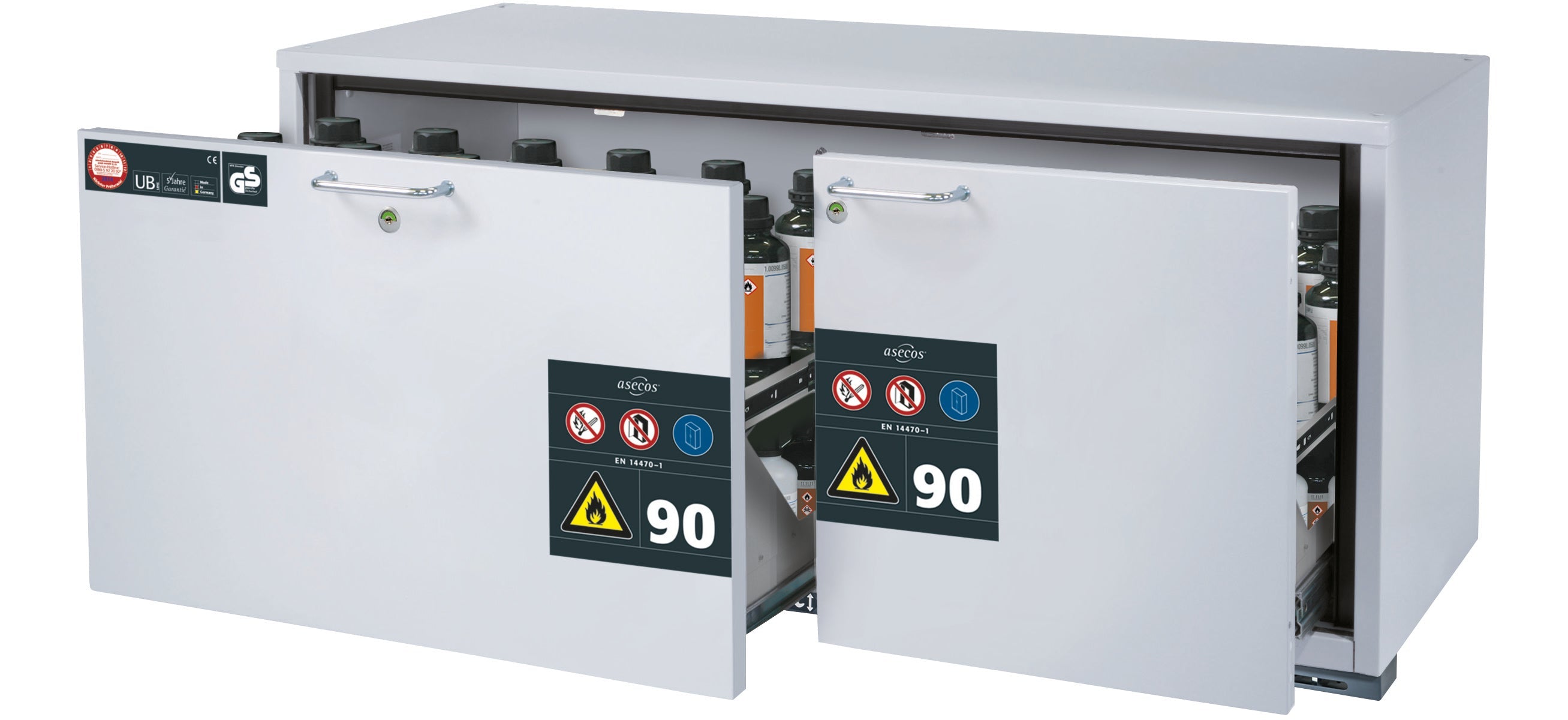 Type 90 safety base cabinet UB-S-90 model UB90.060.140.2S in light gray RAL 7035 with 2x drawer tray STAWA-R (stainless steel 1.4301)