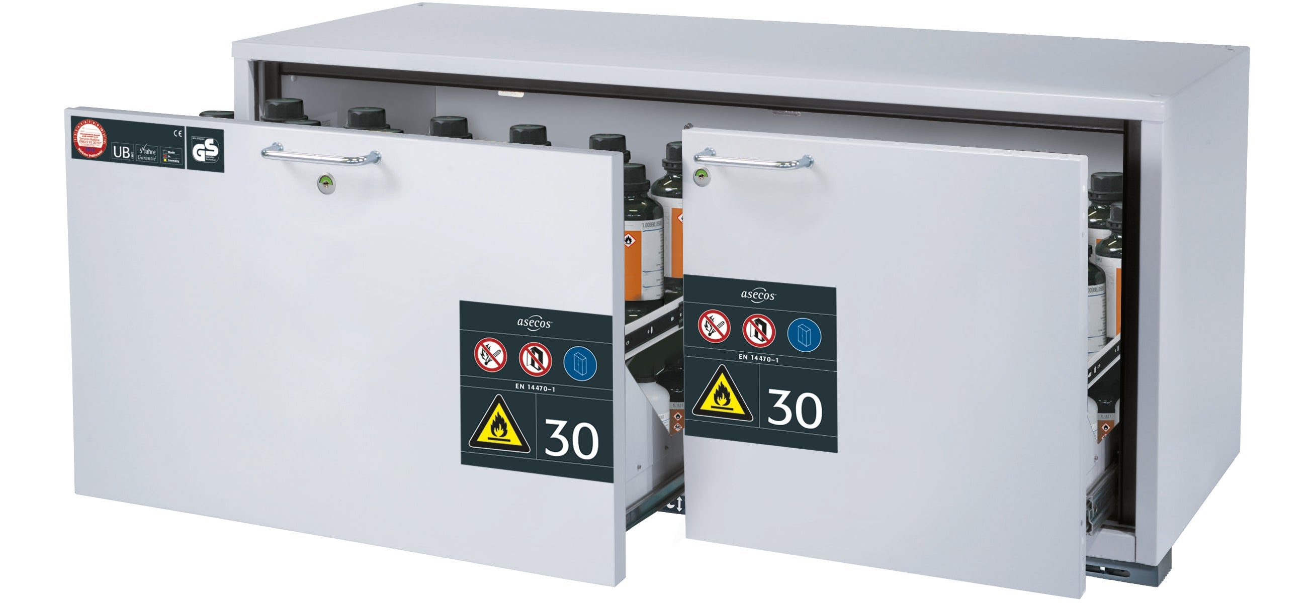 Type 30 safety base cabinet UB-S-30 model UB30.060.140.2S in light gray RAL 7035 with 2x drawer tray STAWA-R (sheet steel)
