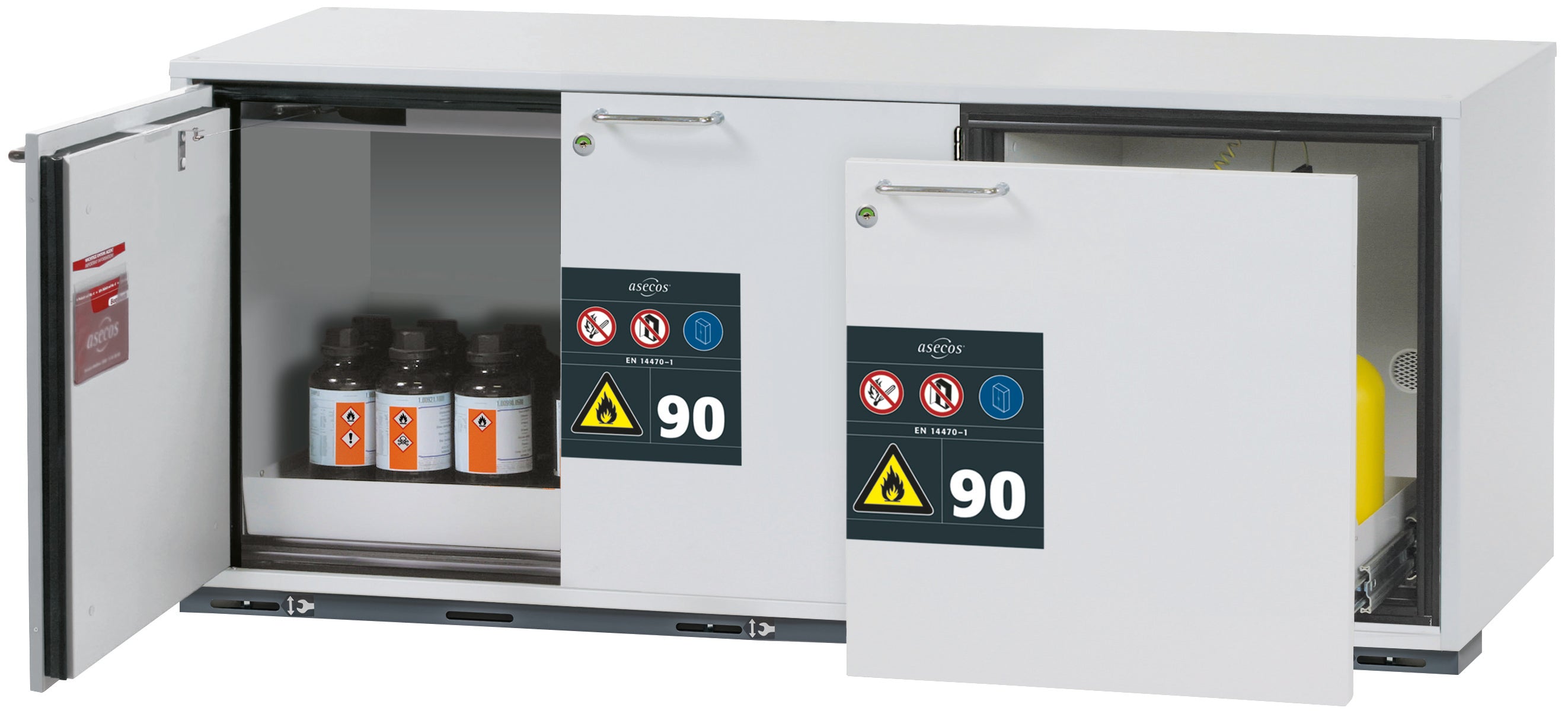 Typ 90 Sicherheitsunterbauschrank UB-ST-90 Modell UB90.060.140.S2T in lichtgrau RAL 7035 mit 1x Lochblecheinsatz Standard (Stahlblech)