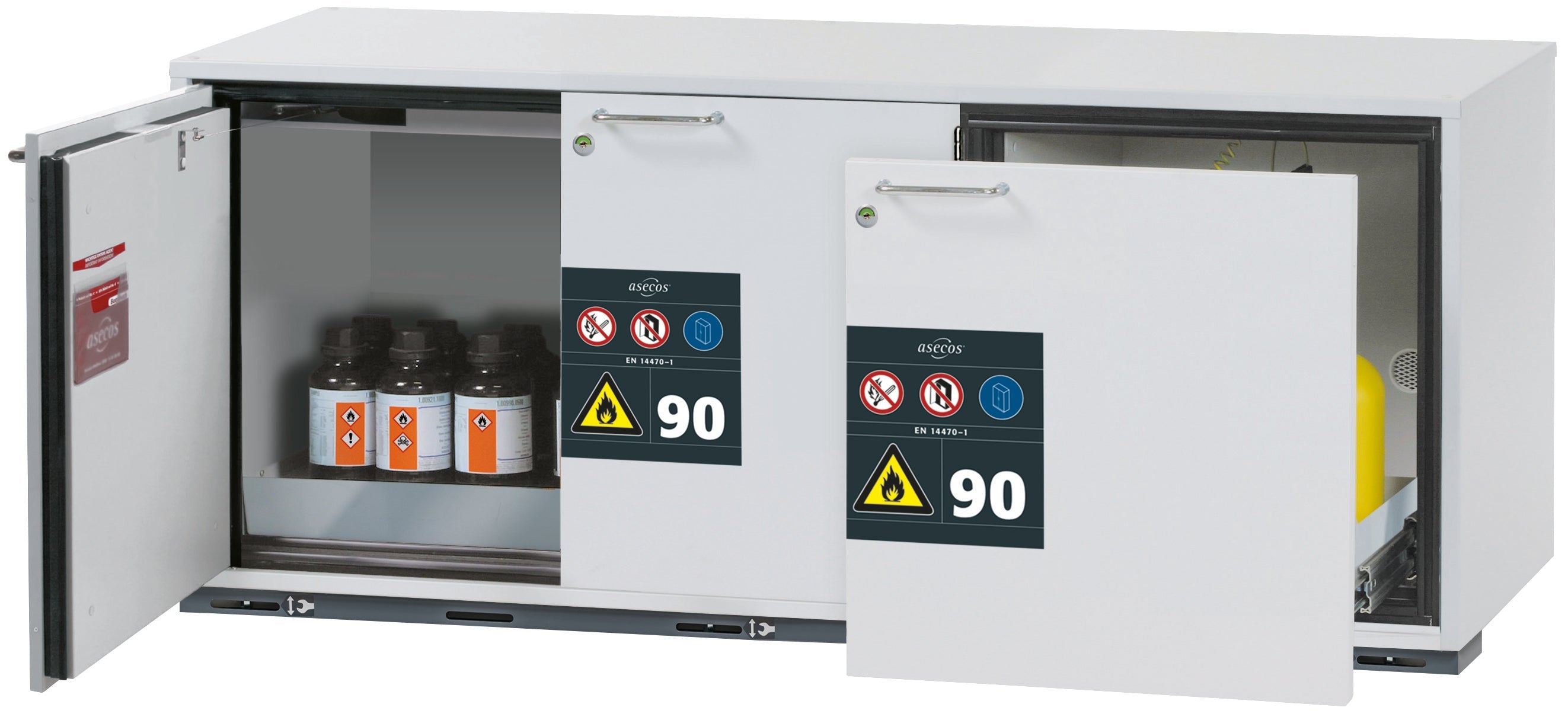 Type 90 safety base cabinet UB-ST-90 model UB90.060.140.S2T in light gray RAL 7035 with 1x perforated sheet metal insert standard (stainless steel 1.4016)