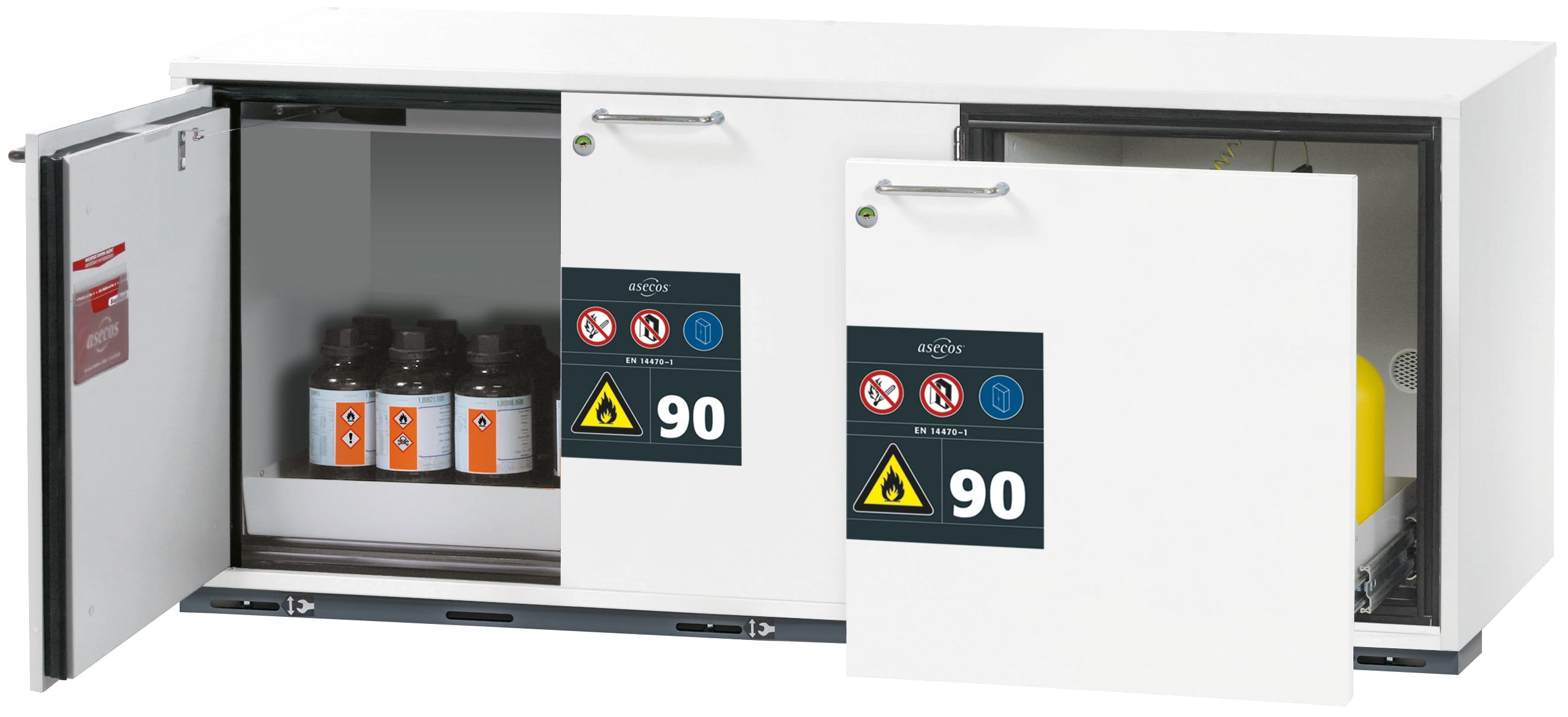 Type 90 safety base cabinet UB-ST-90 model UB90.060.140.S2T in laboratory white (similar to RAL 9016) with 1x perforated sheet insert standard (sheet steel)