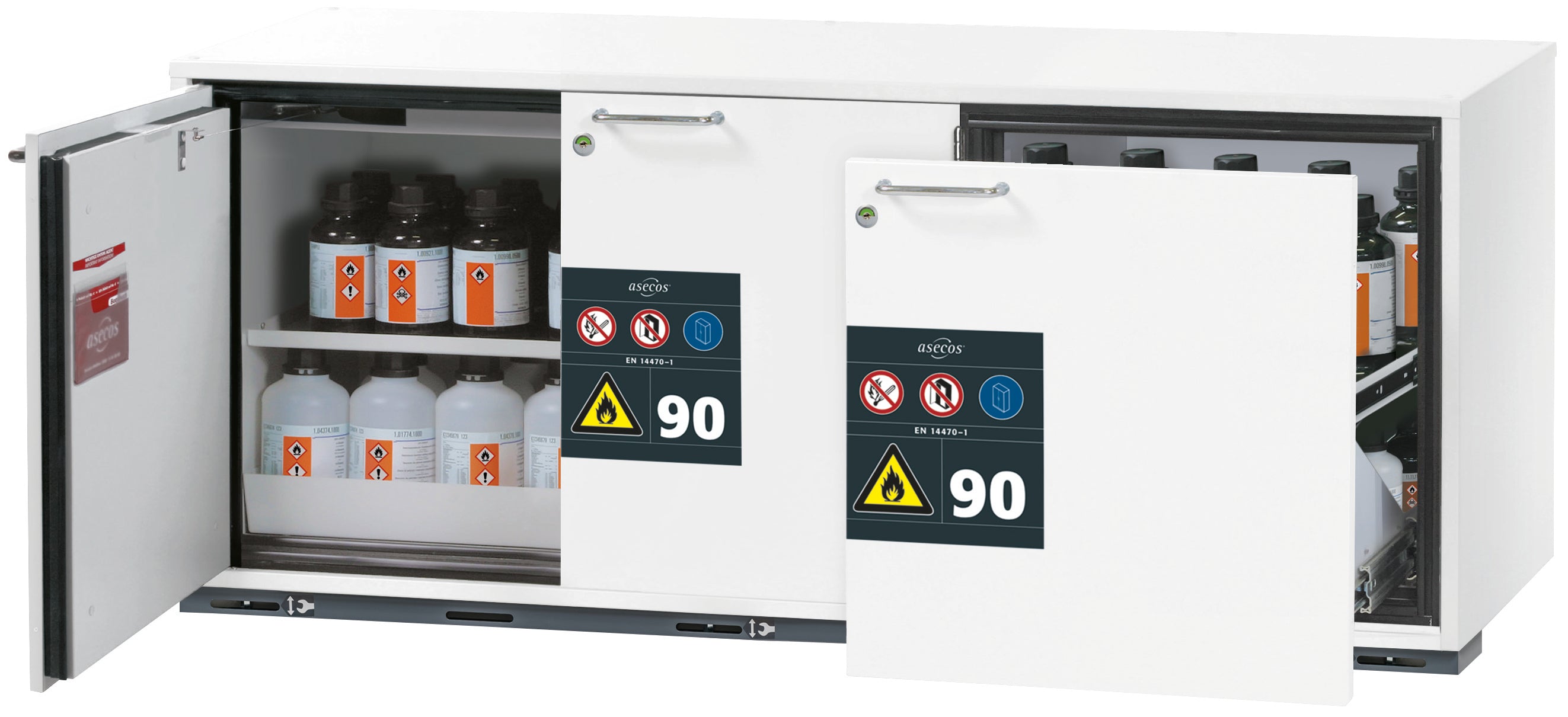 Typ 90 Sicherheitsunterbauschrank UB-ST-90 Modell UB90.060.140.S2T in laborweiss (ähnl. RAL 9016) mit 1x Fachboden Standard (Stahlblech)