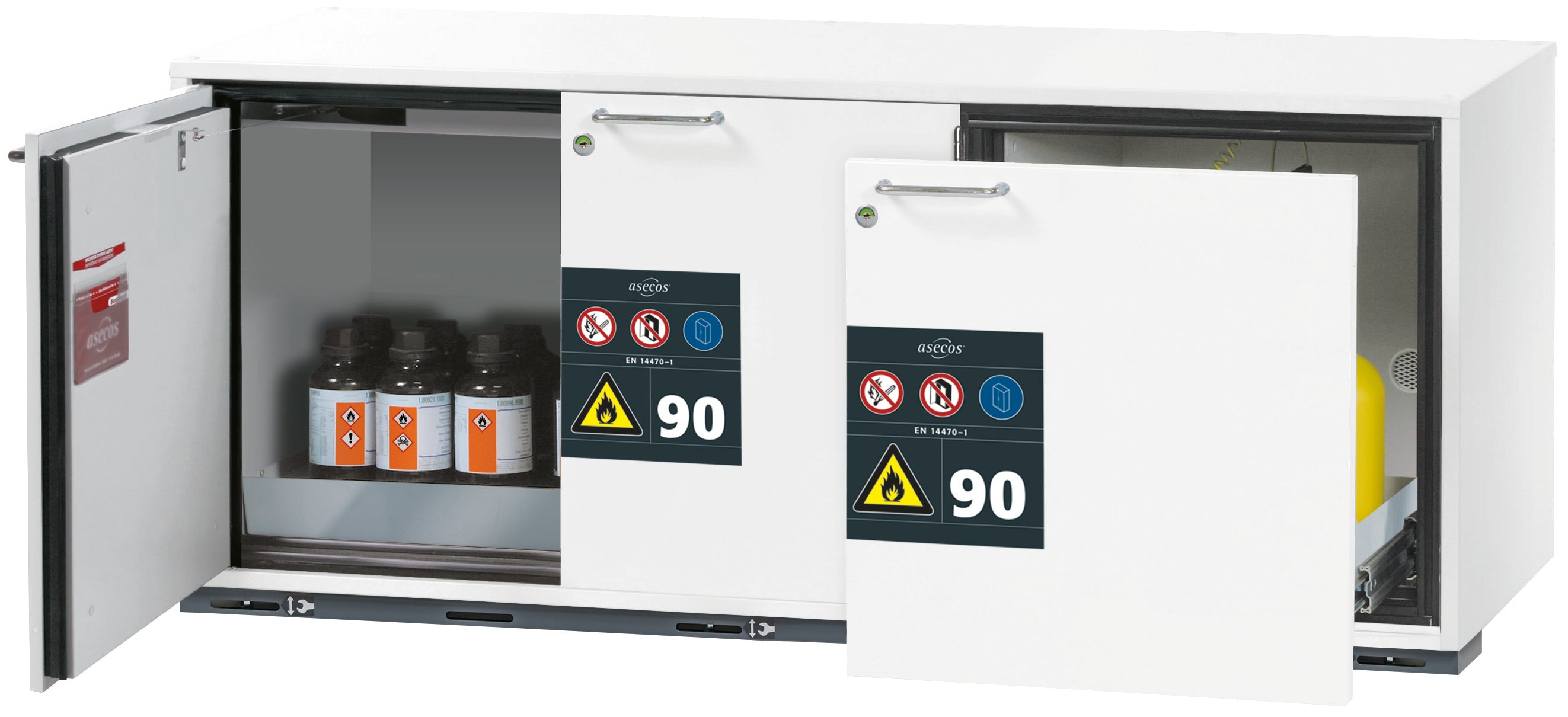 Type 90 safety base cabinet UB-ST-90 model UB90.060.140.S2T in laboratory white (similar to RAL 9016) with 1x perforated plate insert standard (stainless steel 1.4016)