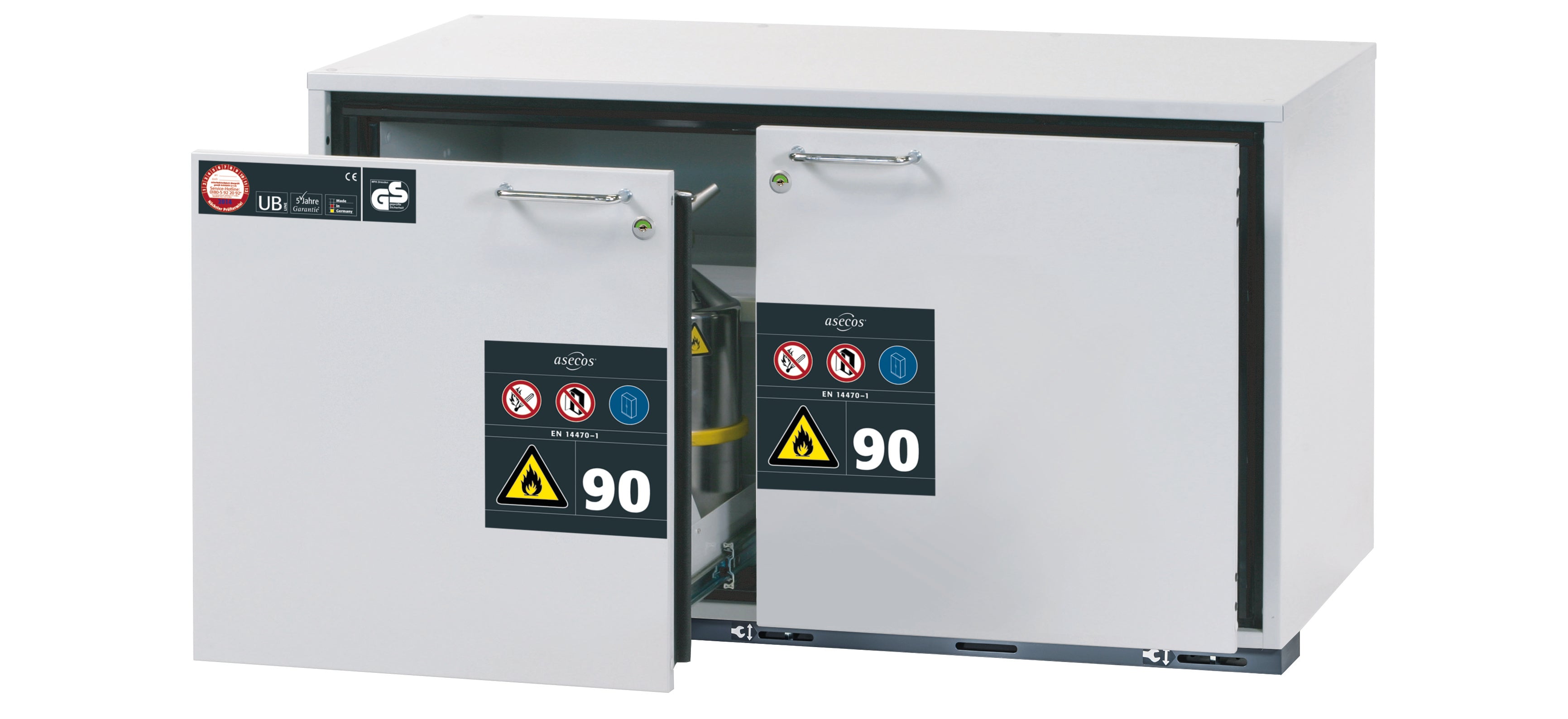 Type 90 safety base cabinet UB-S-90 model UB90.060.110.2S in light gray RAL 7035 with 2x drawer tray STAWA-R (sheet steel)