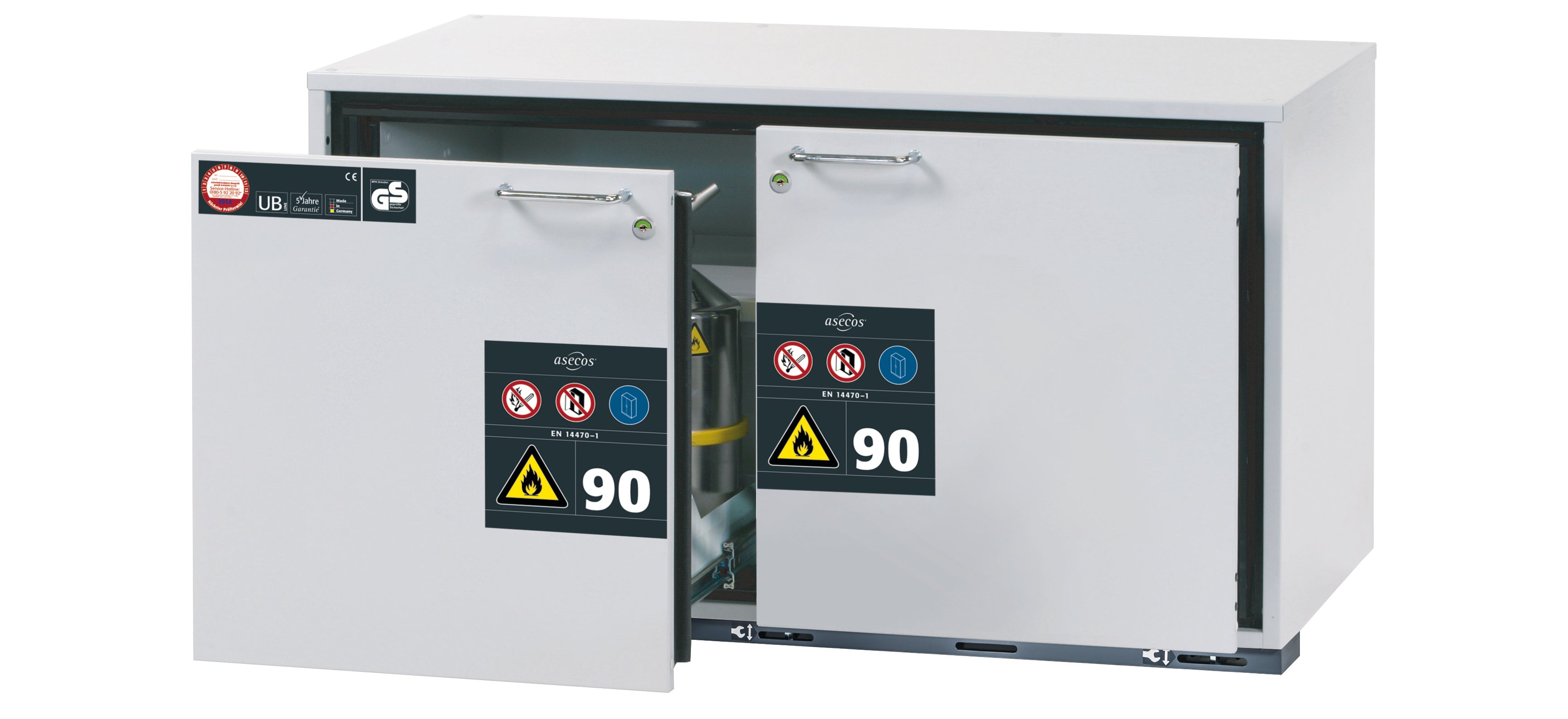 Type 90 safety base cabinet UB-S-90 model UB90.060.110.2S in light gray RAL 7035 with 2x drawer tray STAWA-R (stainless steel 1.4301)
