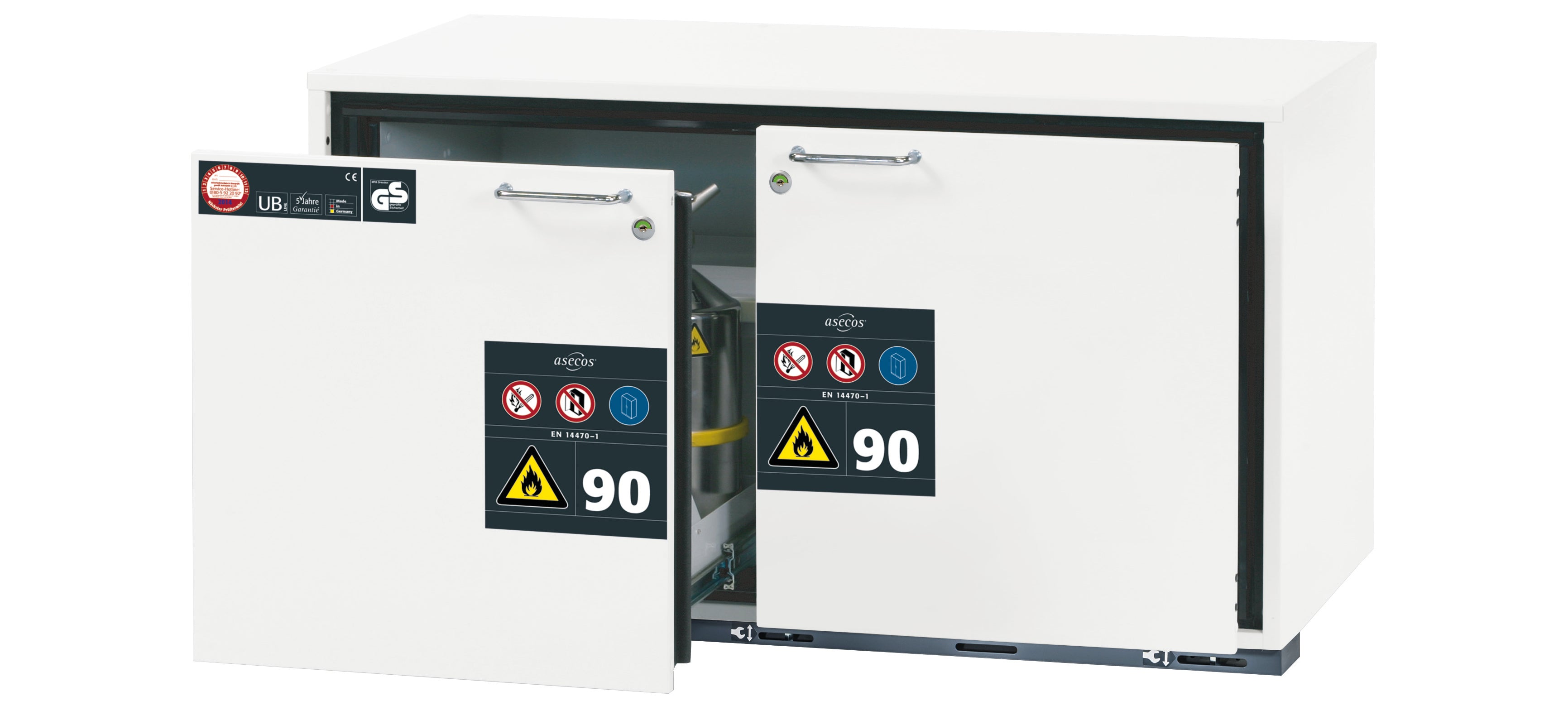 Type 90 safety base cabinet UB-S-90 model UB90.060.110.2S in laboratory white (similar to RAL 9016) with 2x drawer tray STAWA-R (sheet steel)