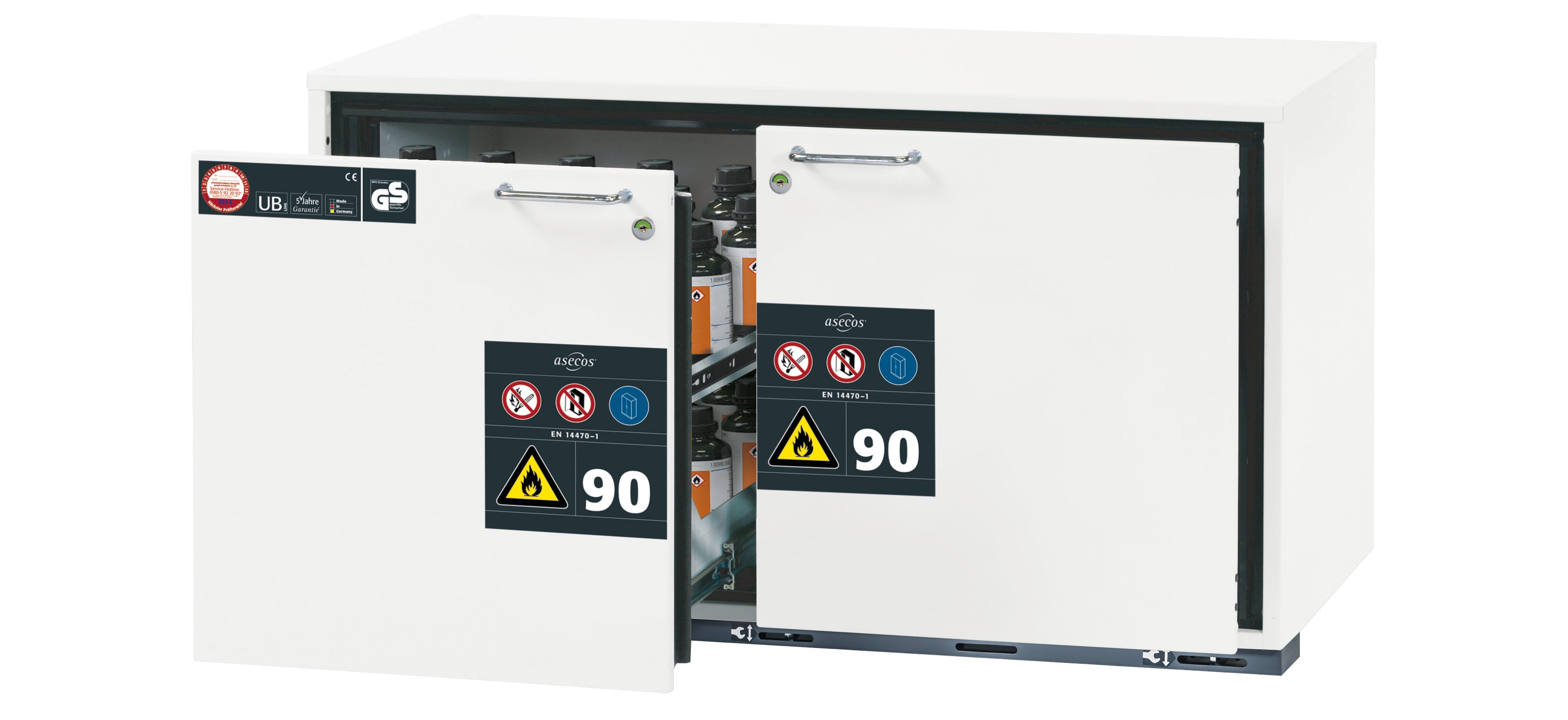 Type 90 safety base cabinet UB-S-90 model UB90.060.110.2S in laboratory white (similar to RAL 9016) with 2x drawer tray STAWA-R (stainless steel 1.4301)