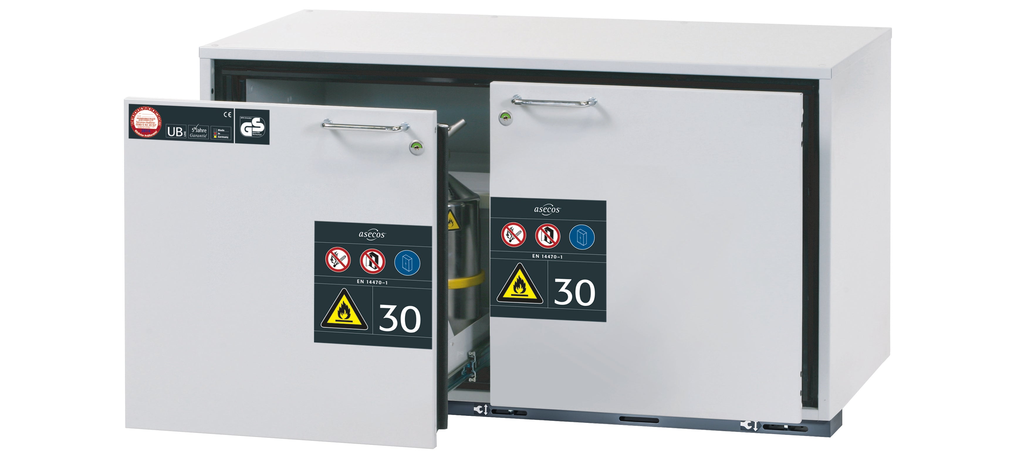 Type 30 safety base cabinet UB-S-30 model UB30.060.110.2S in light gray RAL 7035 with 2x drawer tray STAWA-R (sheet steel)
