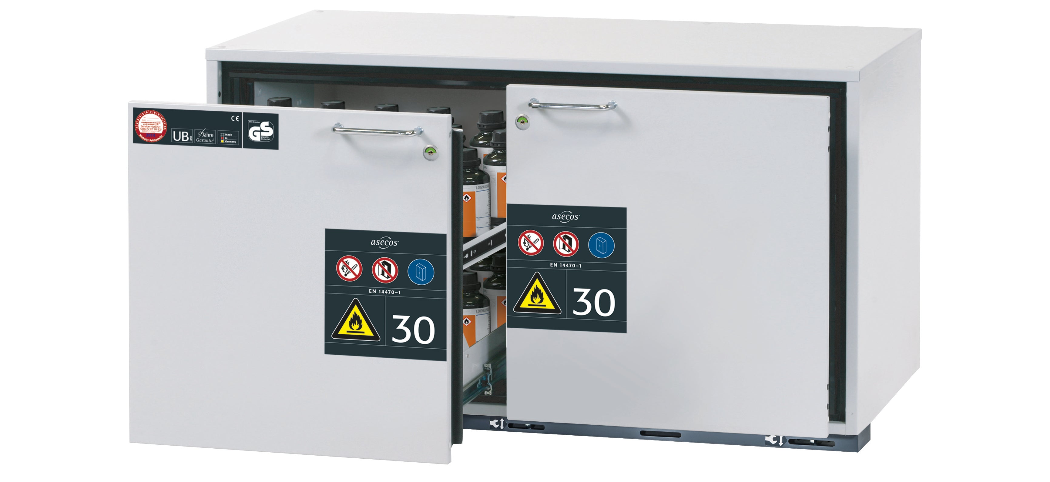 Type 30 safety base cabinet UB-S-30 model UB30.060.110.2S in light gray RAL 7035 with 2x drawer tray STAWA-R (sheet steel)