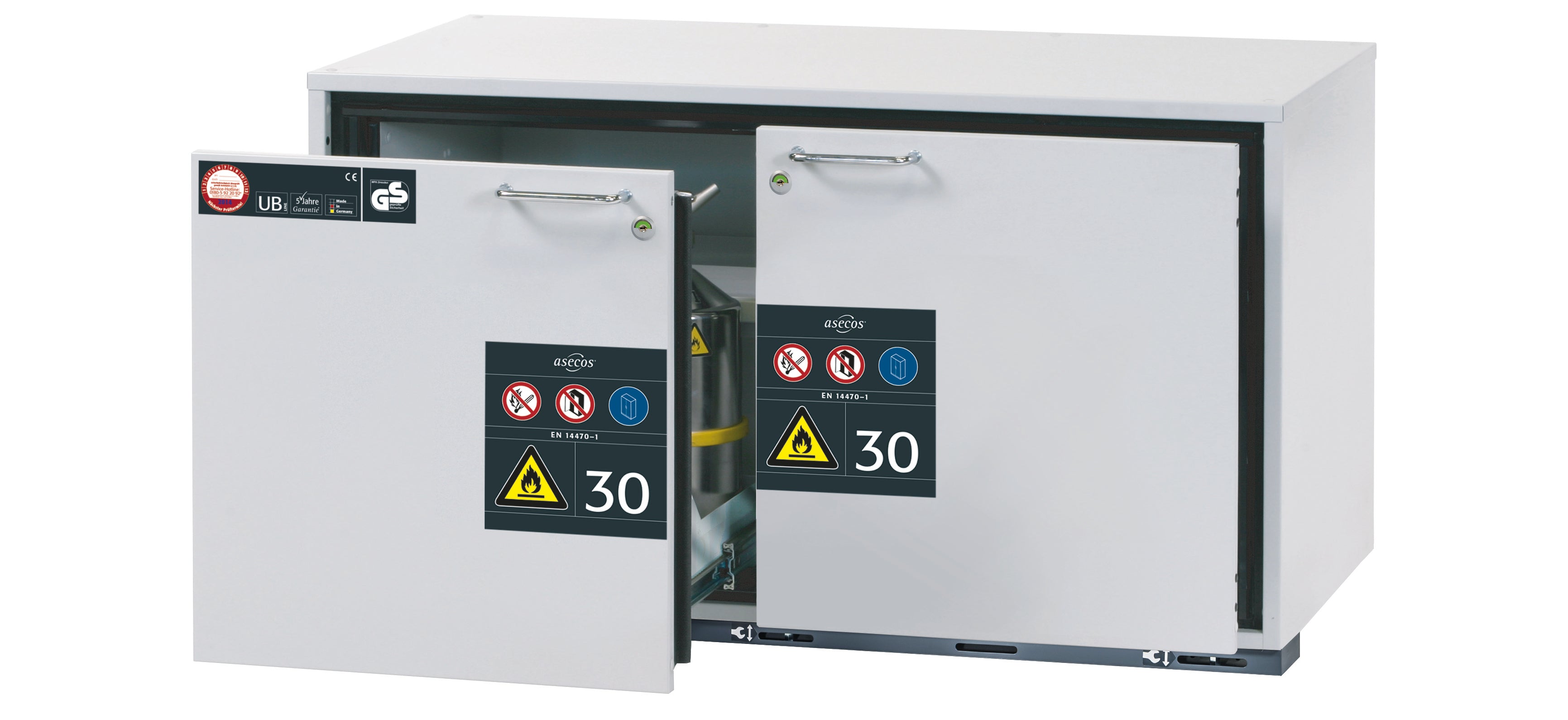 Type 30 safety base cabinet UB-S-30 model UB30.060.110.2S in light gray RAL 7035 with 2x drawer tray STAWA-R (stainless steel 1.4301)