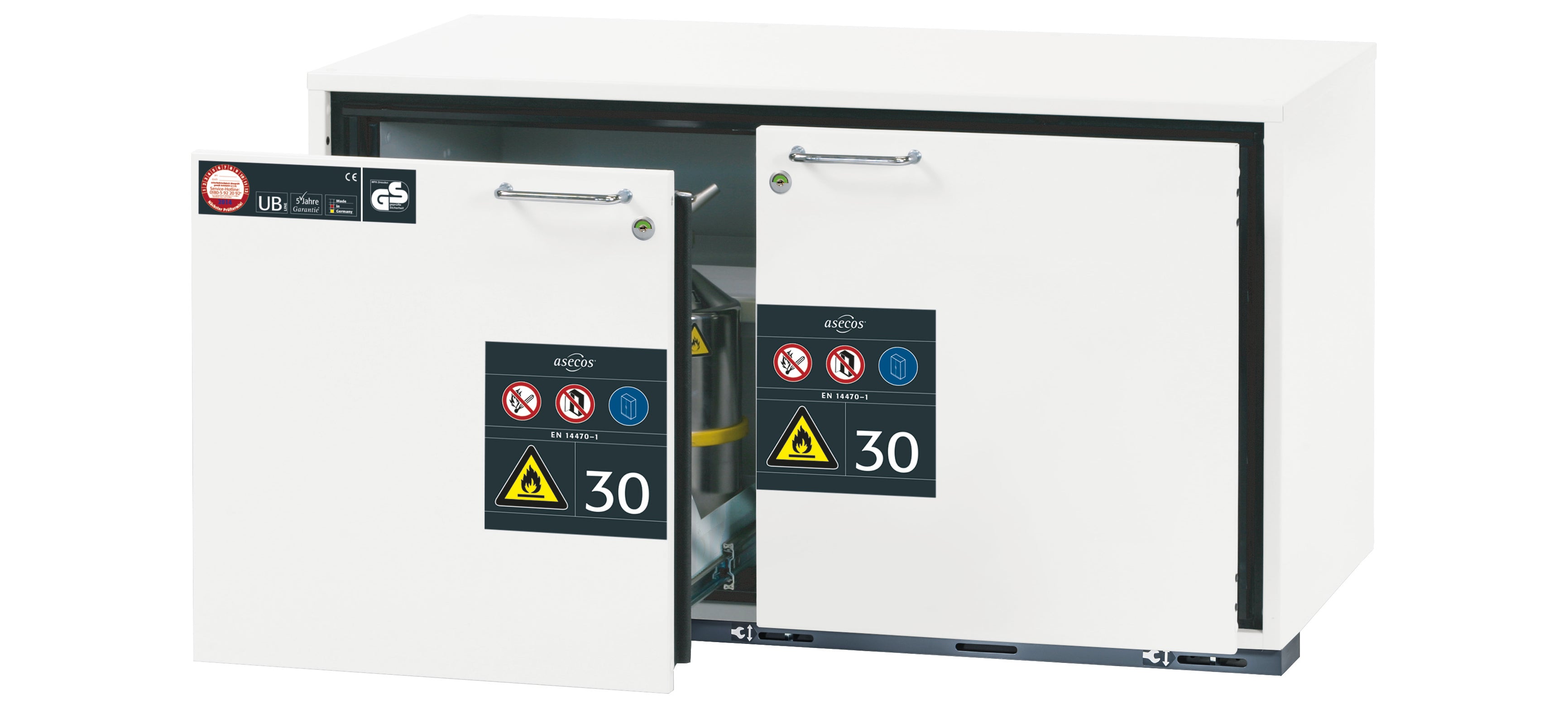 Type 30 safety base cabinet UB-S-30 model UB30.060.110.2S in laboratory white (similar to RAL 9016) with 2x drawer tray STAWA-R (stainless steel 1.4301)