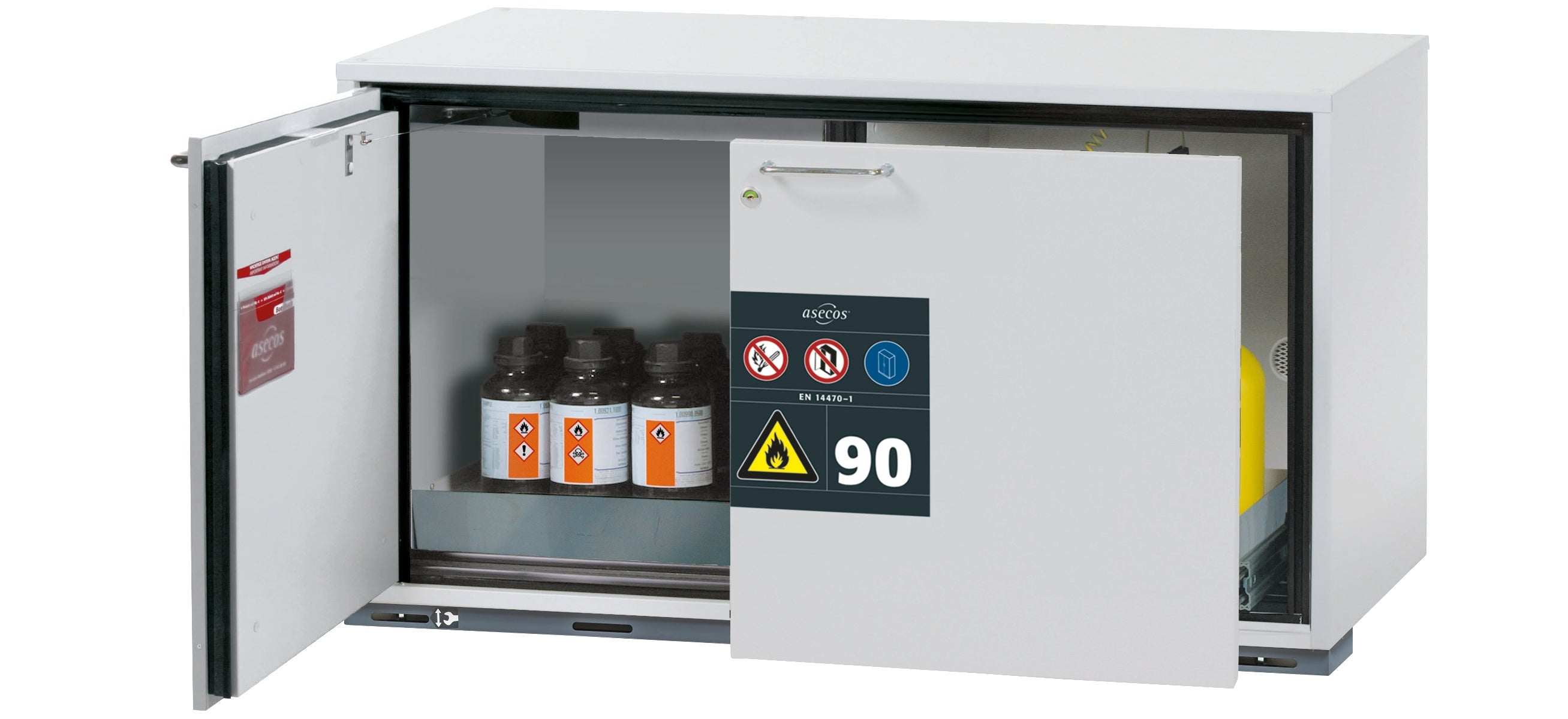 Typ 90 Sicherheitsunterbauschrank UB-ST-90 Modell UB90.060.110.ST in lichtgrau RAL 7035 mit 1x Lochblecheinsatz Standard (Edelstahl 1.4016)