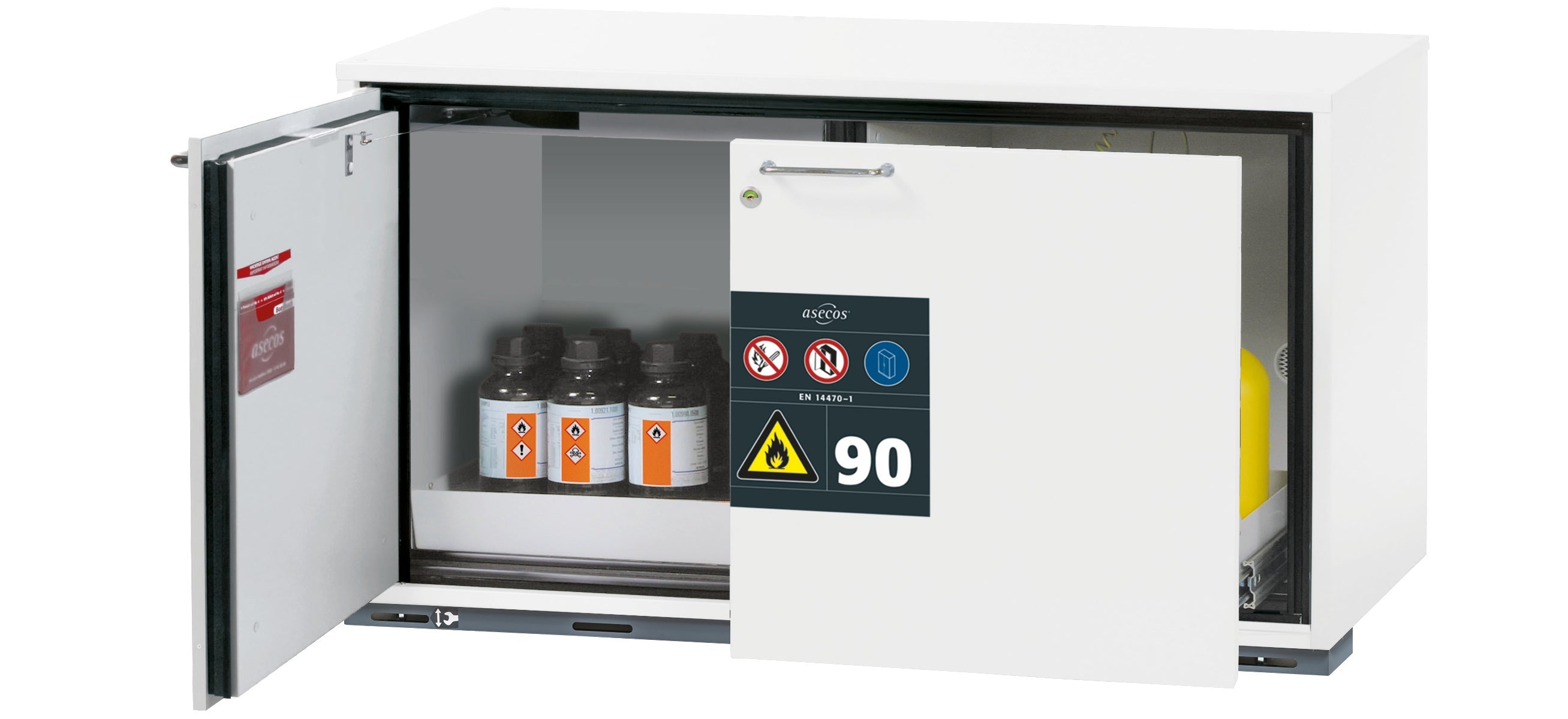 Typ 90 Sicherheitsunterbauschrank UB-ST-90 Modell UB90.060.110.ST in laborweiss (ähnl. RAL 9016) mit 1x Lochblecheinsatz Standard (Stahlblech)