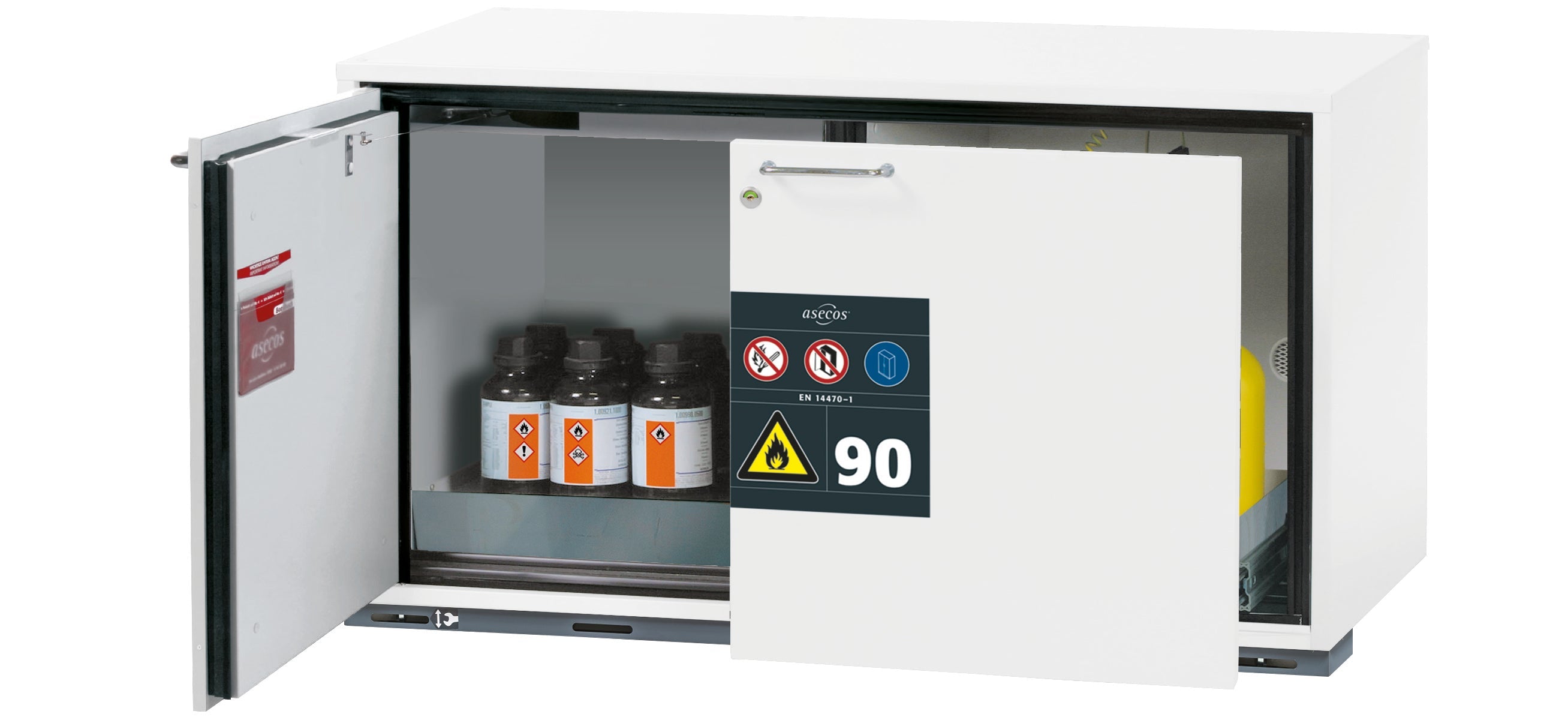 Type 90 safety base cabinet UB-ST-90 model UB90.060.110.ST in laboratory white (similar to RAL 9016) with 1x perforated sheet insert standard (stainless steel 1.4016)