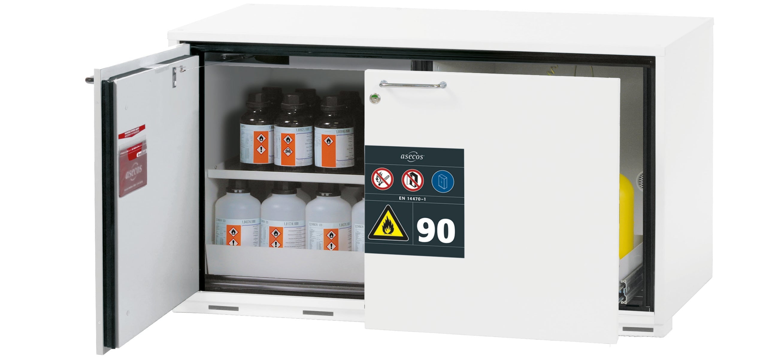 Typ 90 Sicherheitsunterbauschrank UB-ST-90 Modell UB90.060.110.050.ST in laborweiss (ähnl. RAL 9016) mit 1x Fachboden Standard (Stahlblech)