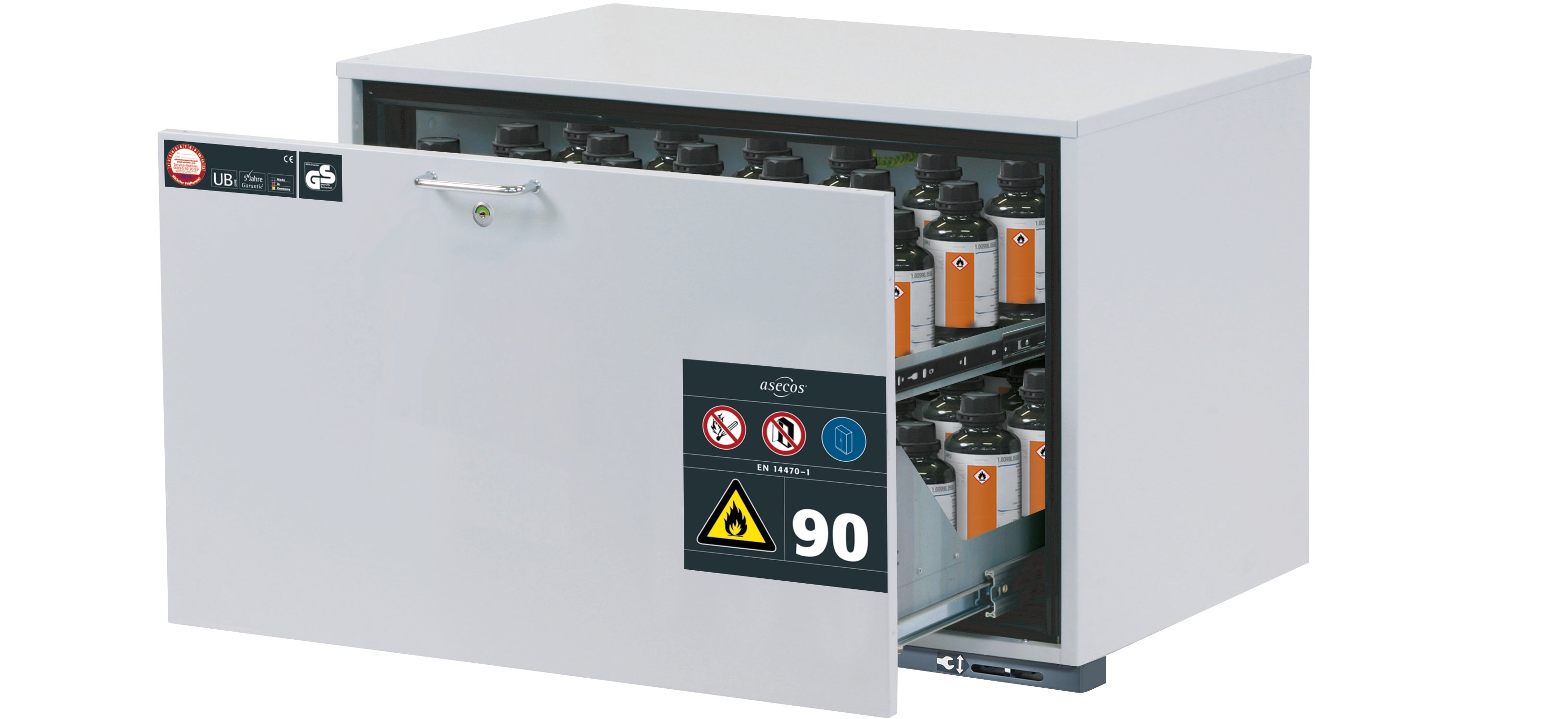 Type 90 safety base cabinet UB-S-90 model UB90.060.089.S in light gray RAL 7035 with 1x drawer tray STAWA-R (stainless steel 1.4301)