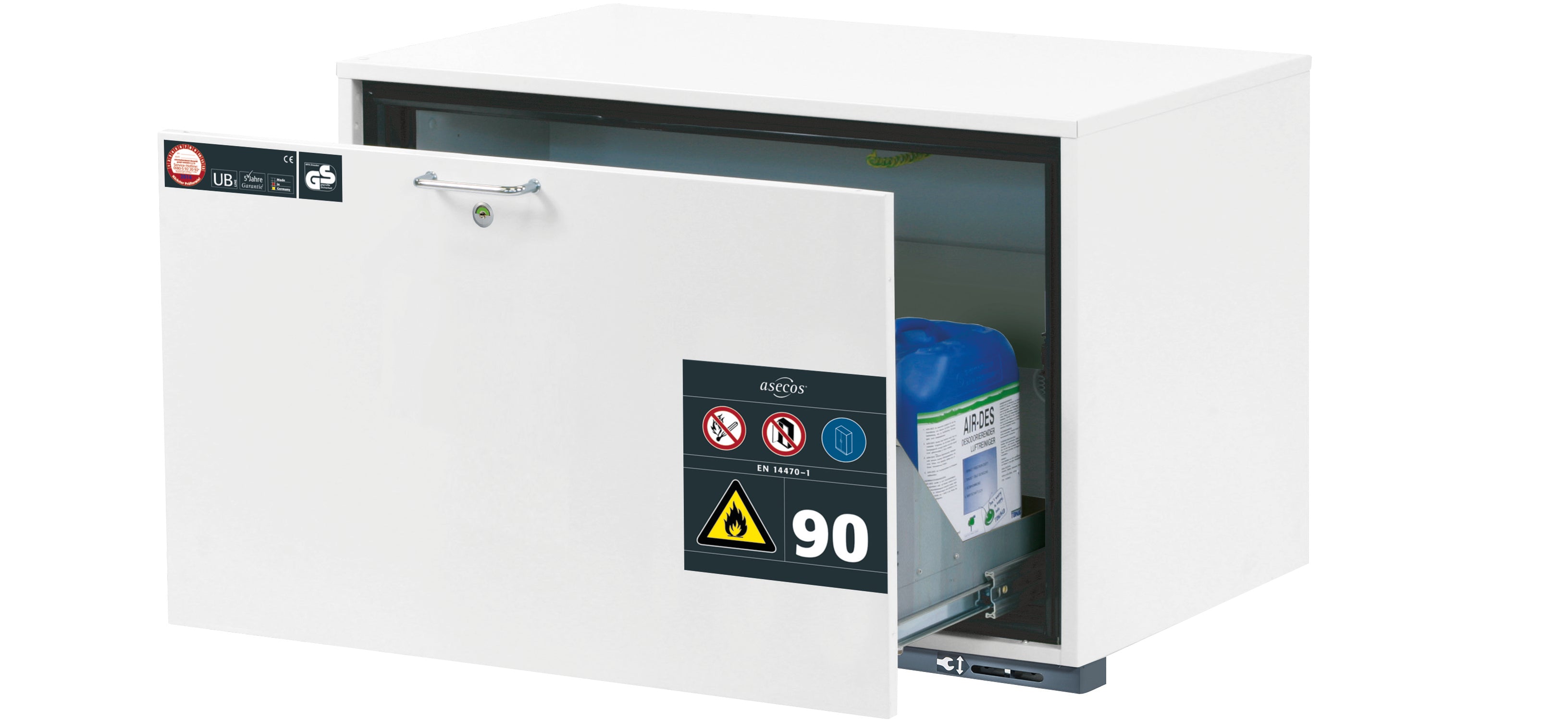 Type 90 safety base cabinet UB-S-90 model UB90.060.089.S in laboratory white (similar to RAL 9016) with 1x drawer tray STAWA-R (stainless steel 1.4301)