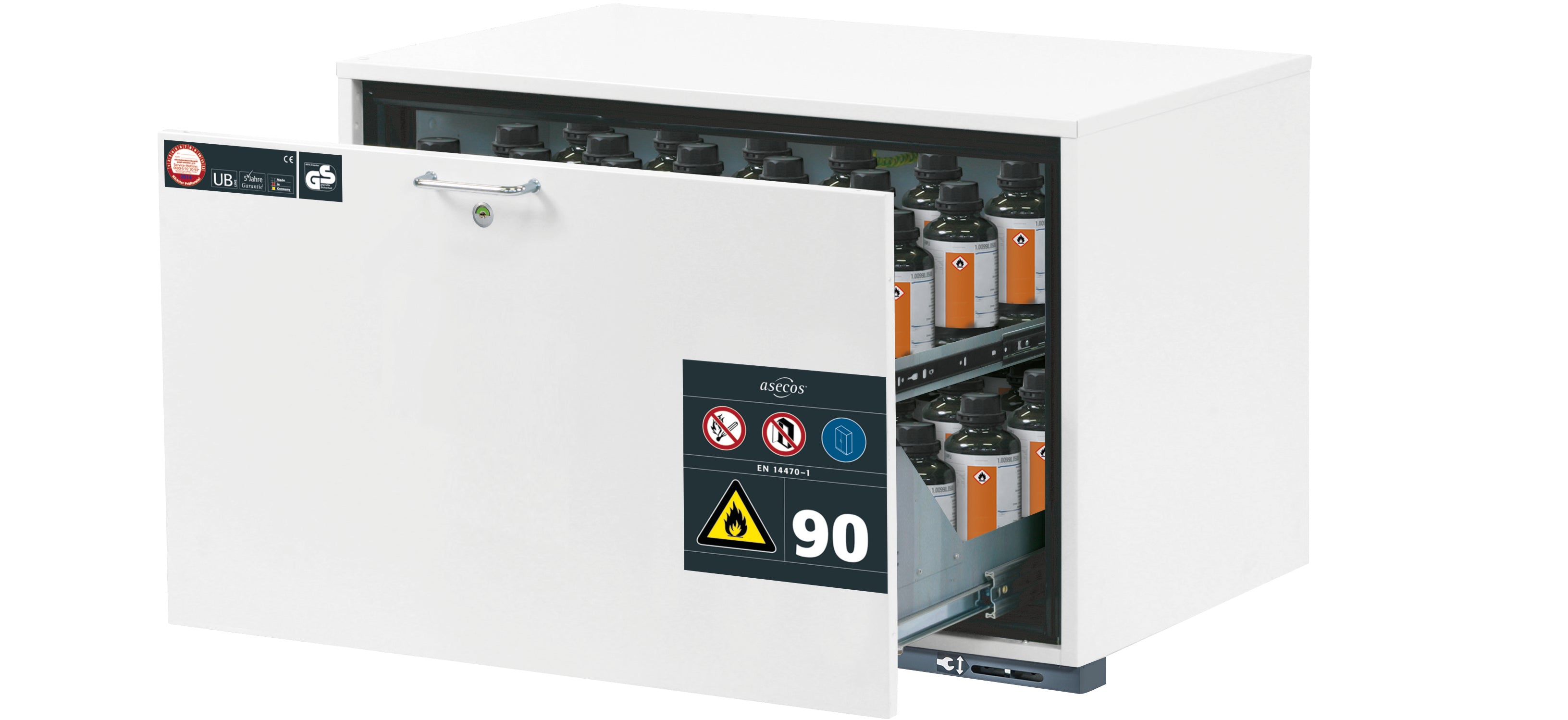 Type 90 safety base cabinet UB-S-90 model UB90.060.089.S in laboratory white (similar to RAL 9016) with 1x drawer tray STAWA-R (stainless steel 1.4301)