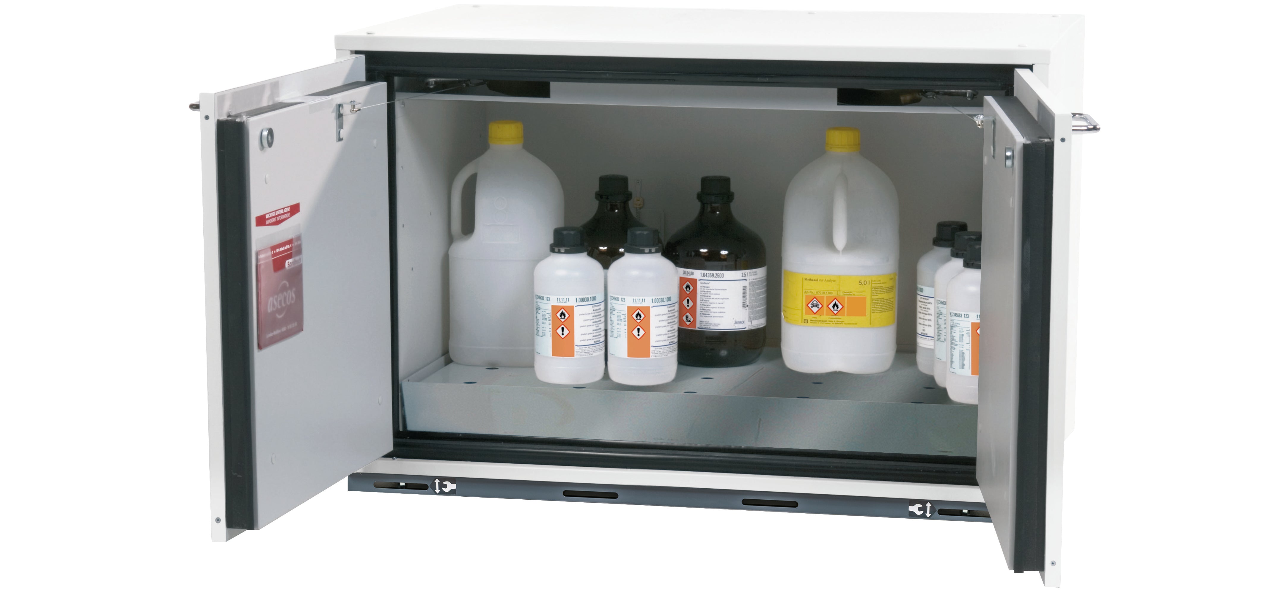 Typ 90 Sicherheitsunterbauschrank UB-T-90 Modell UB90.060.089.2T in laborweiss (ähnl. RAL 9016) mit 1x Lochblecheinsatz Standard (Edelstahl 1.4016)