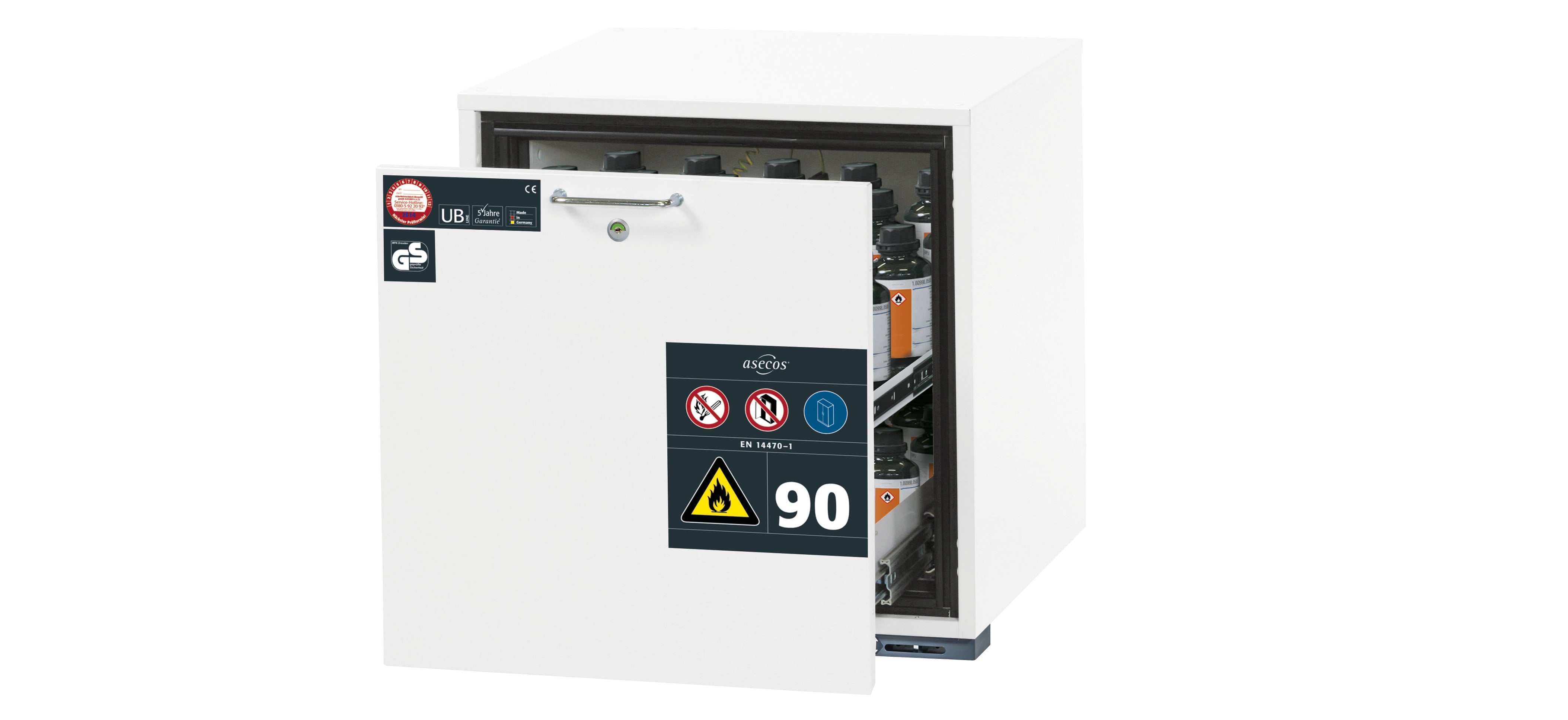 Armoire de base de sécurité type 90 UB-S-90 modèle UB90.060.059.S en blanc de laboratoire (similaire à RAL 9016) avec 1x plateau à tiroirs STAWA-R (tôle d'acier)