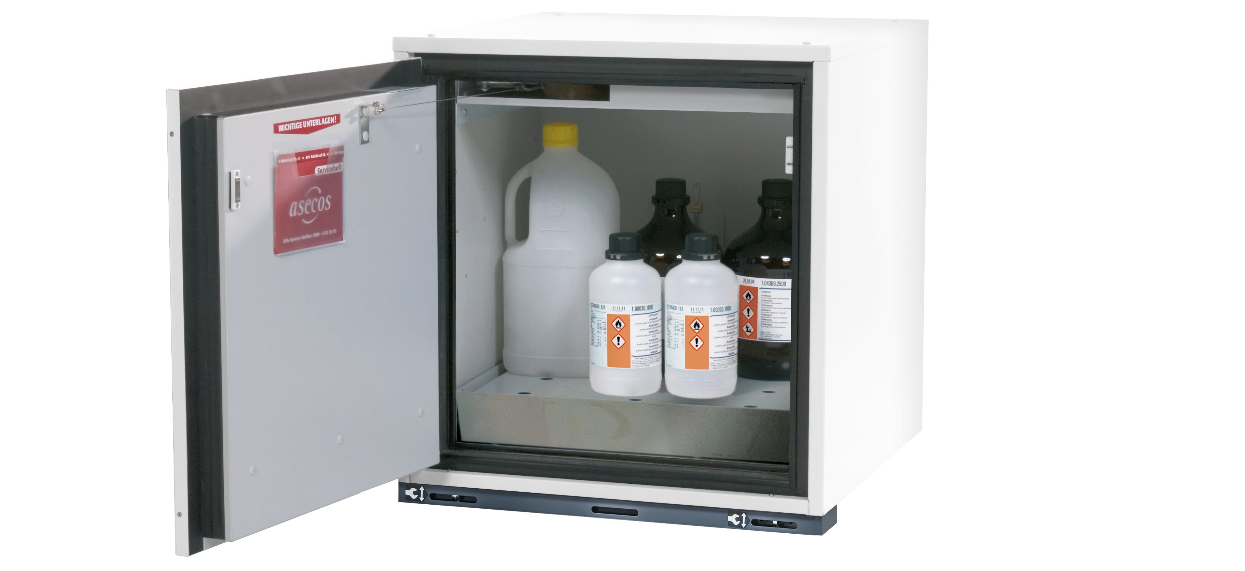 Type 90 safety base cabinet UB-T-90 model UB90.060.059.T in laboratory white (similar to RAL 9016) with 1x perforated sheet insert standard (stainless steel 1.4016)