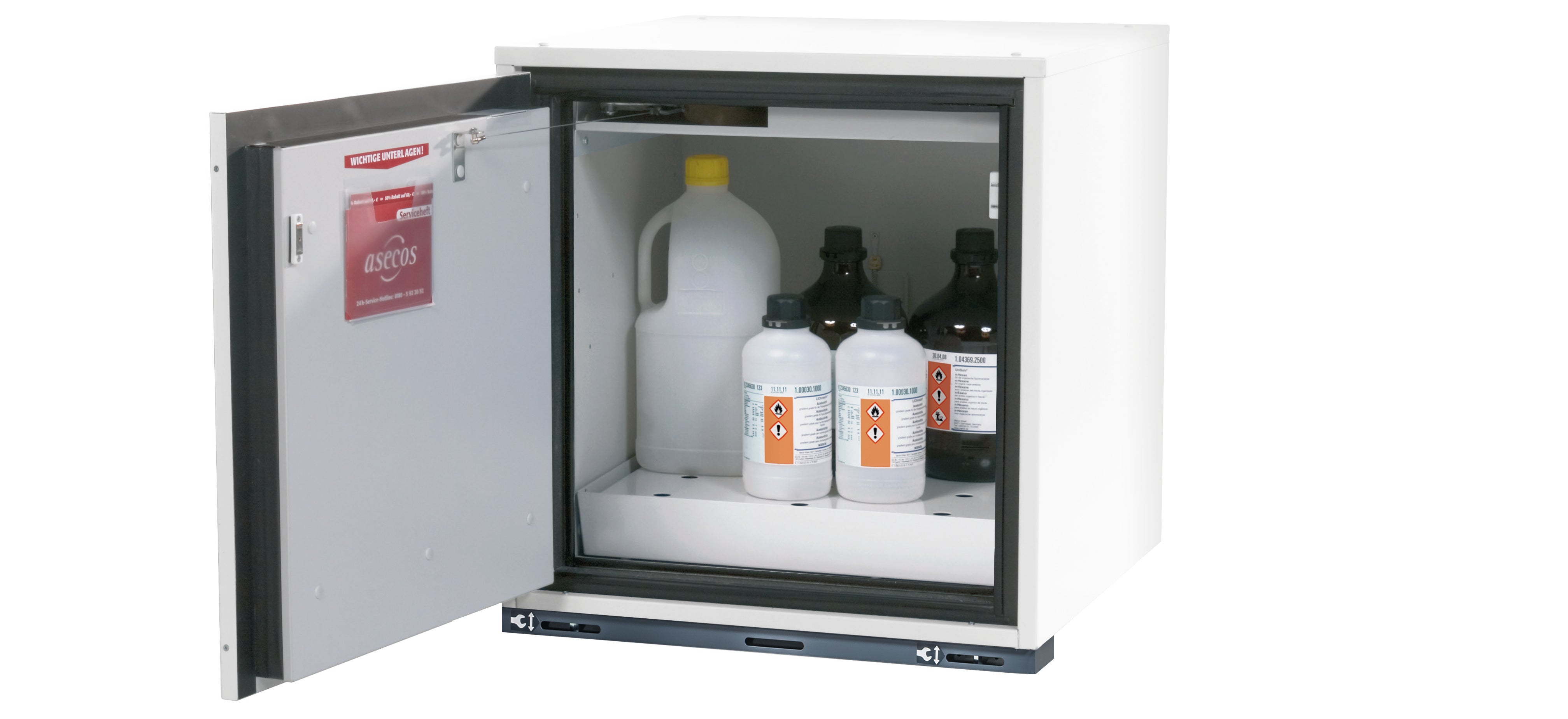 Type 90 safety base cabinet UB-T-90 model UB90.060.059.T in laboratory white (similar to RAL 9016) with 1x perforated plate insert standard (sheet steel)
